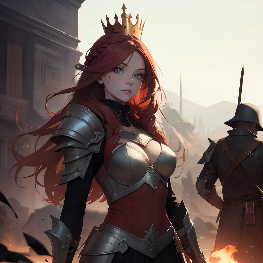 (masterpiece:1.2), (best quality:1.2), perfect eyes, perfect face, perfect lighting, 1girl, mature female on a battlefield, absurdly long red hair, crown braid, war_glam, armor, leather skirt, scars, fantasy, detailed background