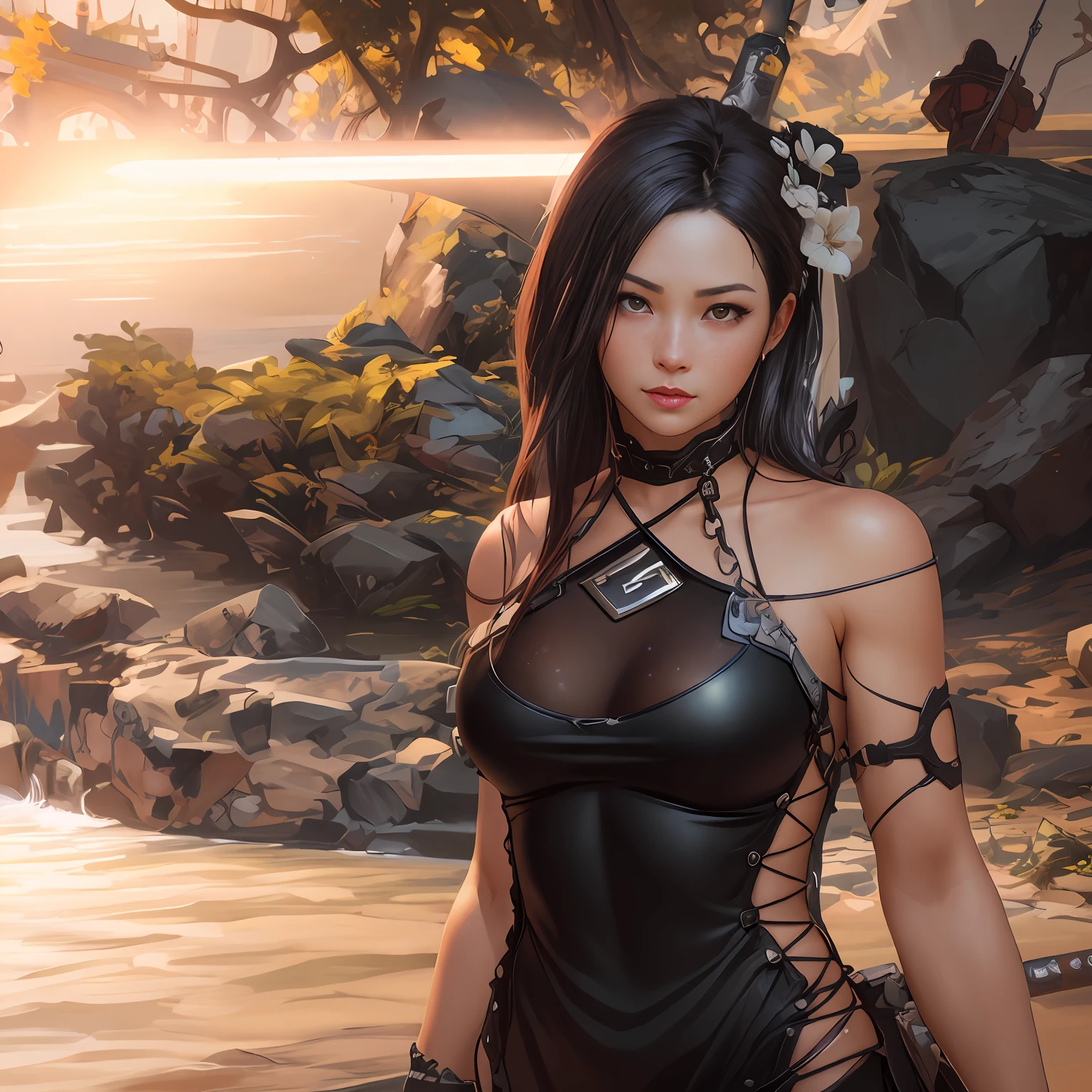 there is a woman in a black dress holding a sword, with freckles on her face, dead or alive 6, style game square enix, tifa, glamorous tifa lockheart, korean mmo, <mmorpgs scene, blade and soul, from ncsoft, cyarine, korean mmorpg, tifa lockheart, tifa lockhart, kunoichi, ornate korean polearm behind her
