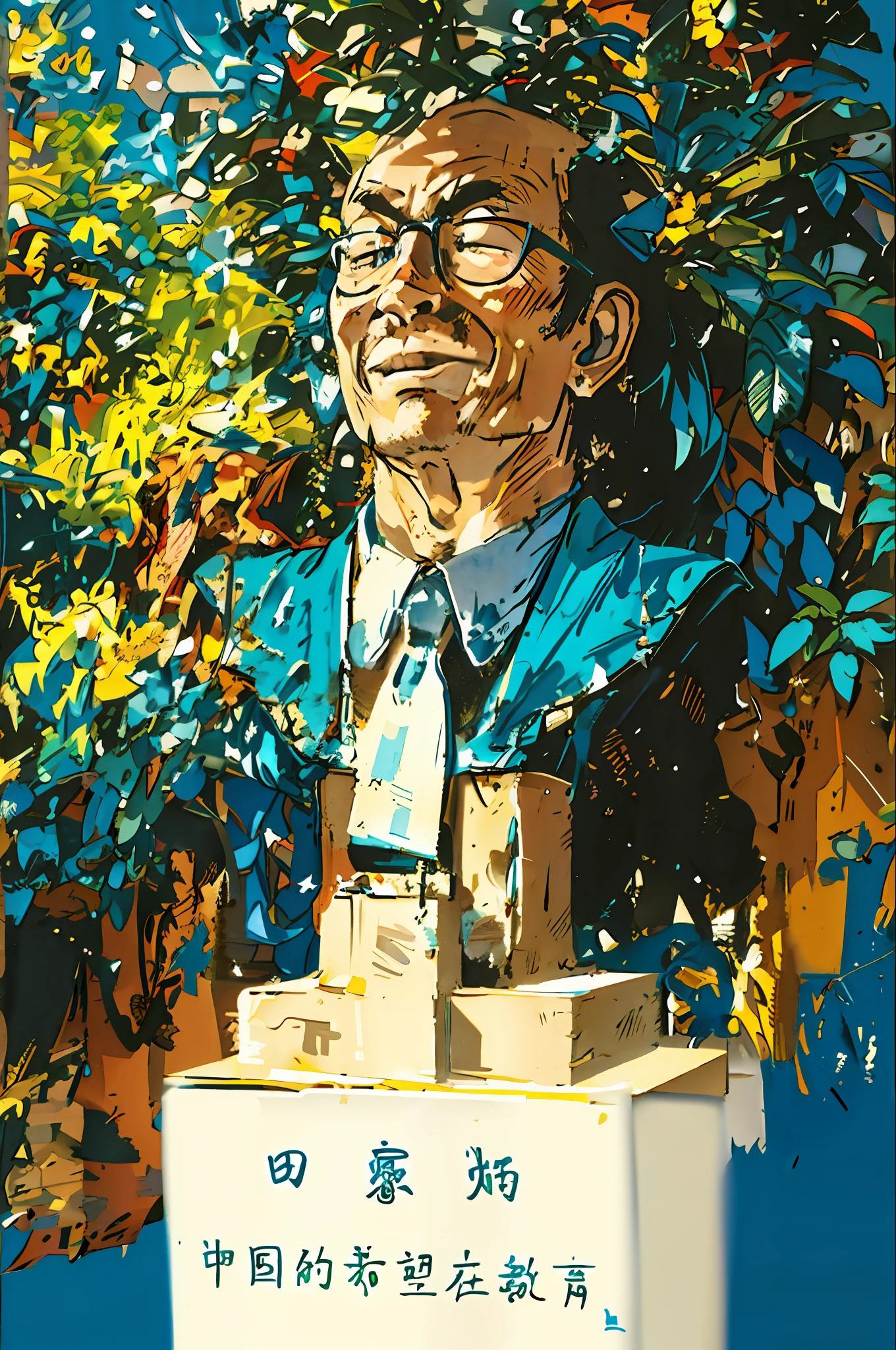 Oil Sketch A close-up of an expressive bust of Tian Ka Ping wearing glasses，Squint and smile above, Portrait half-length portrait, bust view，portrait n - 9