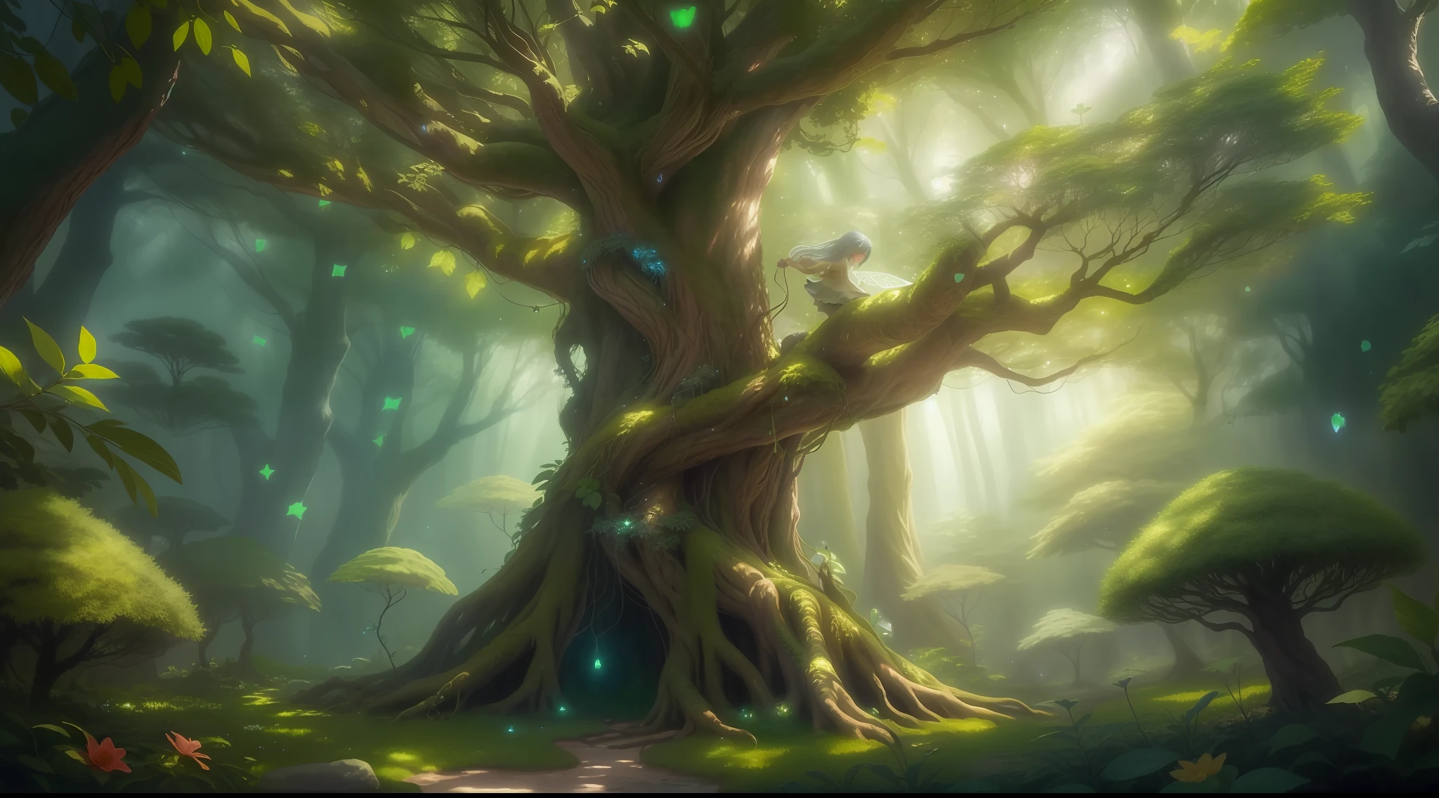 Fairy Forest、It's a dreamy fantasy world。Ancient tall tree decorated with sparkling vines々Stretching towards the sky、Leaves glitter like jewels。Magic flowers in bright shades々Covering the forest floor、Illuminates the pass while emitting a soft light。The tree々Sunlight shining in from between creates a pattern of shimmering lights and shadows on the forest floor.。florals々The sweet aroma of fills the air、It creates a comfortable and enchanting atmosphere。Using Image Generation AI、It depicts the fascinating and mysterious beauty of the fairy forest、Capture the soul of that dreamy world。