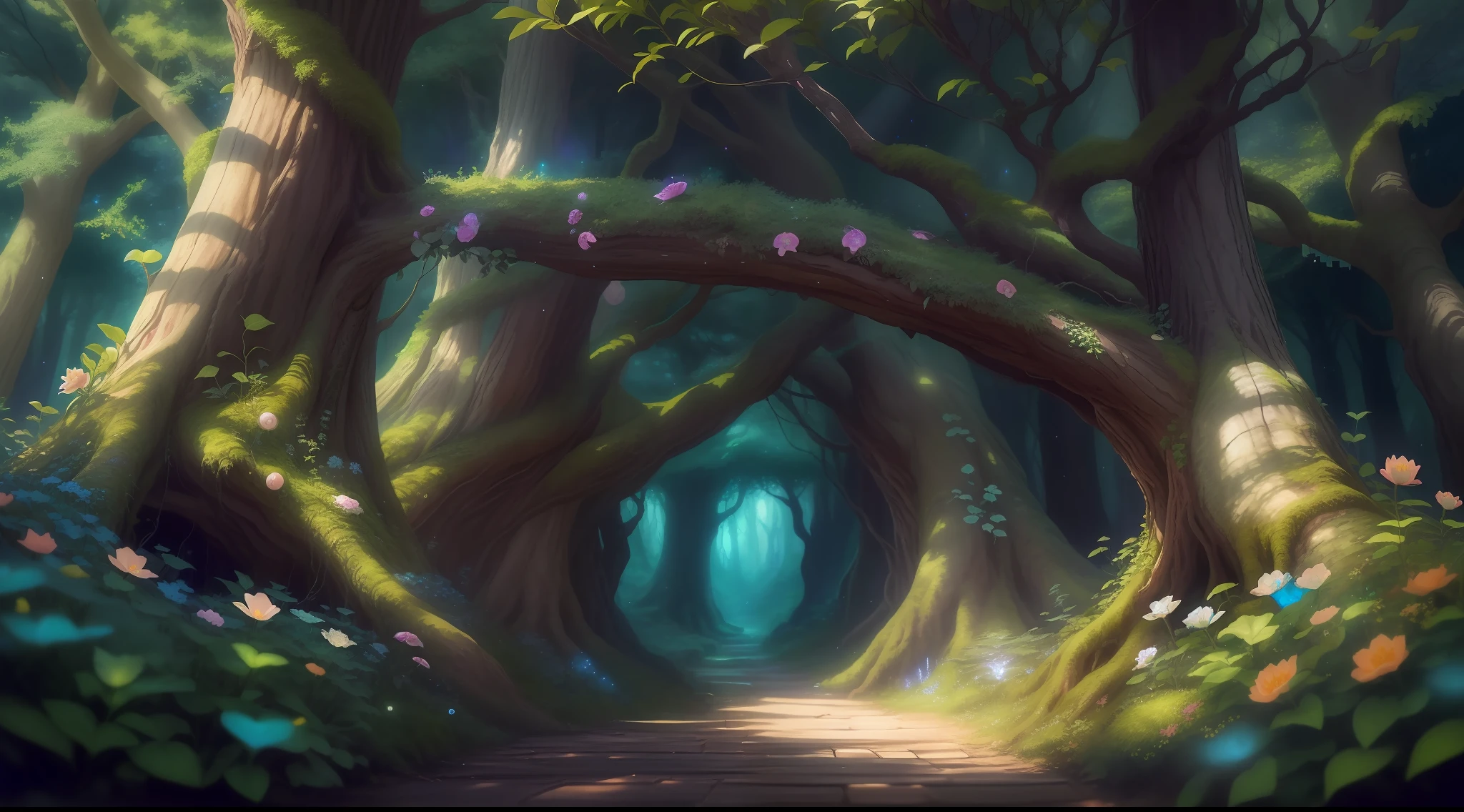 Fairy Forest、It's a dreamy fantasy world。Ancient tall tree decorated with sparkling vines々Stretching towards the sky、Leaves glitter like jewels。Magic flowers in bright shades々Covering the forest floor、Illuminates the pass while emitting a soft light。The tree々Sunlight shining in from between creates a pattern of shimmering lights and shadows on the forest floor.。florals々The sweet aroma of fills the air、It creates a comfortable and enchanting atmosphere。Using Image Generation AI、It depicts the fascinating and mysterious beauty of the fairy forest、Capture the soul of that dreamy world。