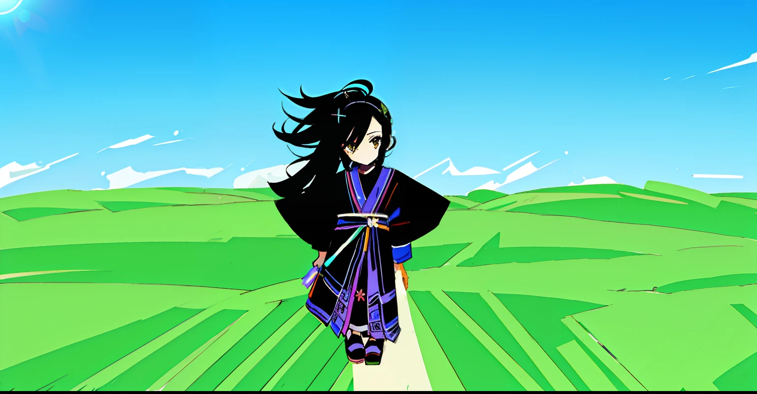 estilo anime, havia um menino caminhando por um gramado, usando um haori preto e roxo, usando sandalias pretas, com seus cabelos escuros, with his arms at his waist, em um dia ensolarado.