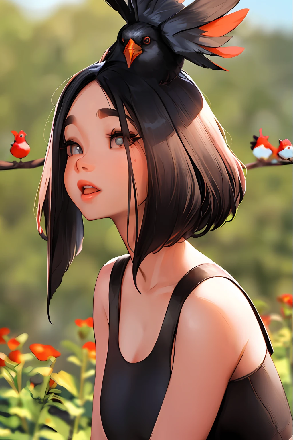 sam yang, 1girl, bird, olhos castanhos , cabelo preto, blurry, fundo desfocado, flores de cerejeira, labia, teta de cauda longa, olhando para cima, cabelo grande, perfil, cachecol, solo, teta (bird), ((obra-prima))