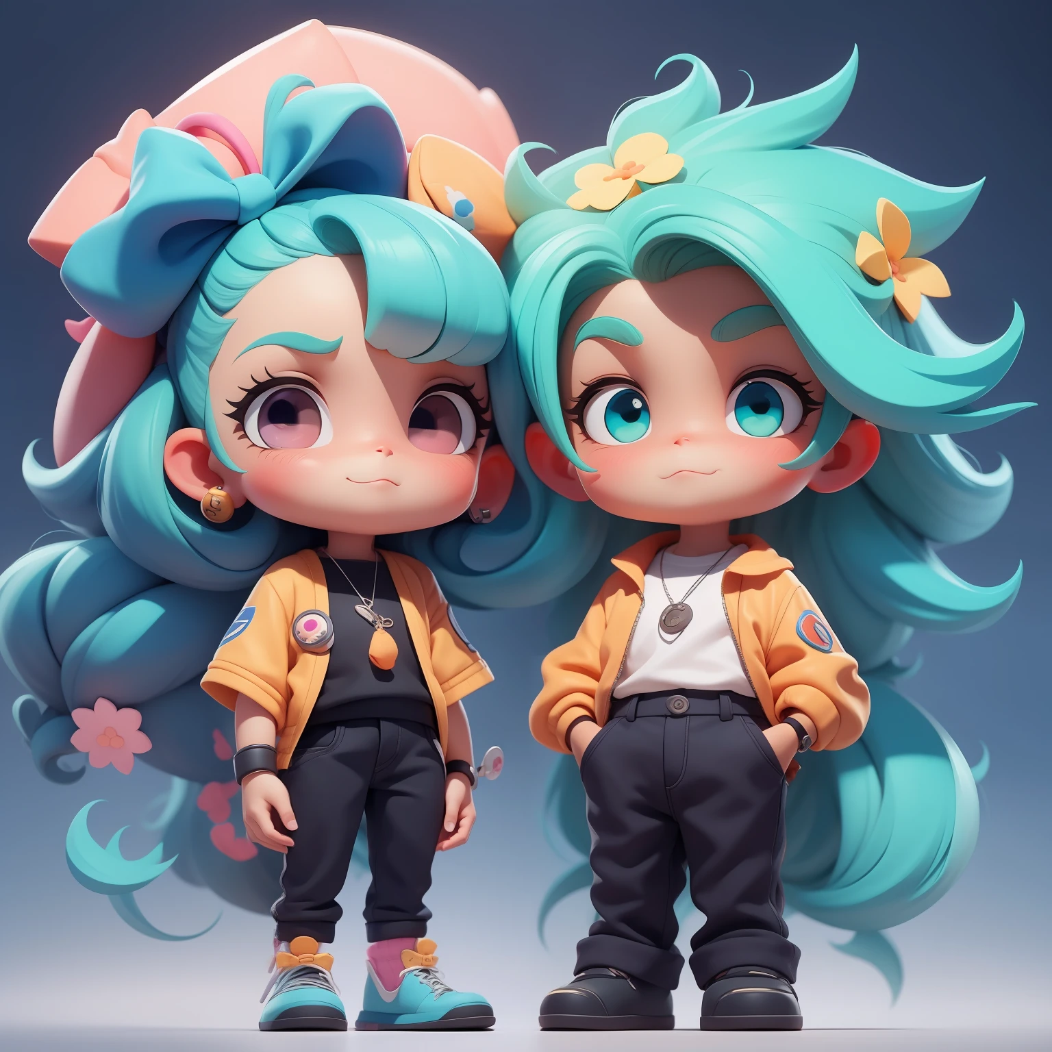 Um menino e uma menina super bonitos, corpo inteiro, fantastic cute hair accessories Popmart blind box, IP de design, Bright background clean 3D rendering, OC rendering, 8k, Foco suave, brilho fino super detalhe --ar 3:6 50 --q 2 --niji 5 --expressividade estilo --s 2
