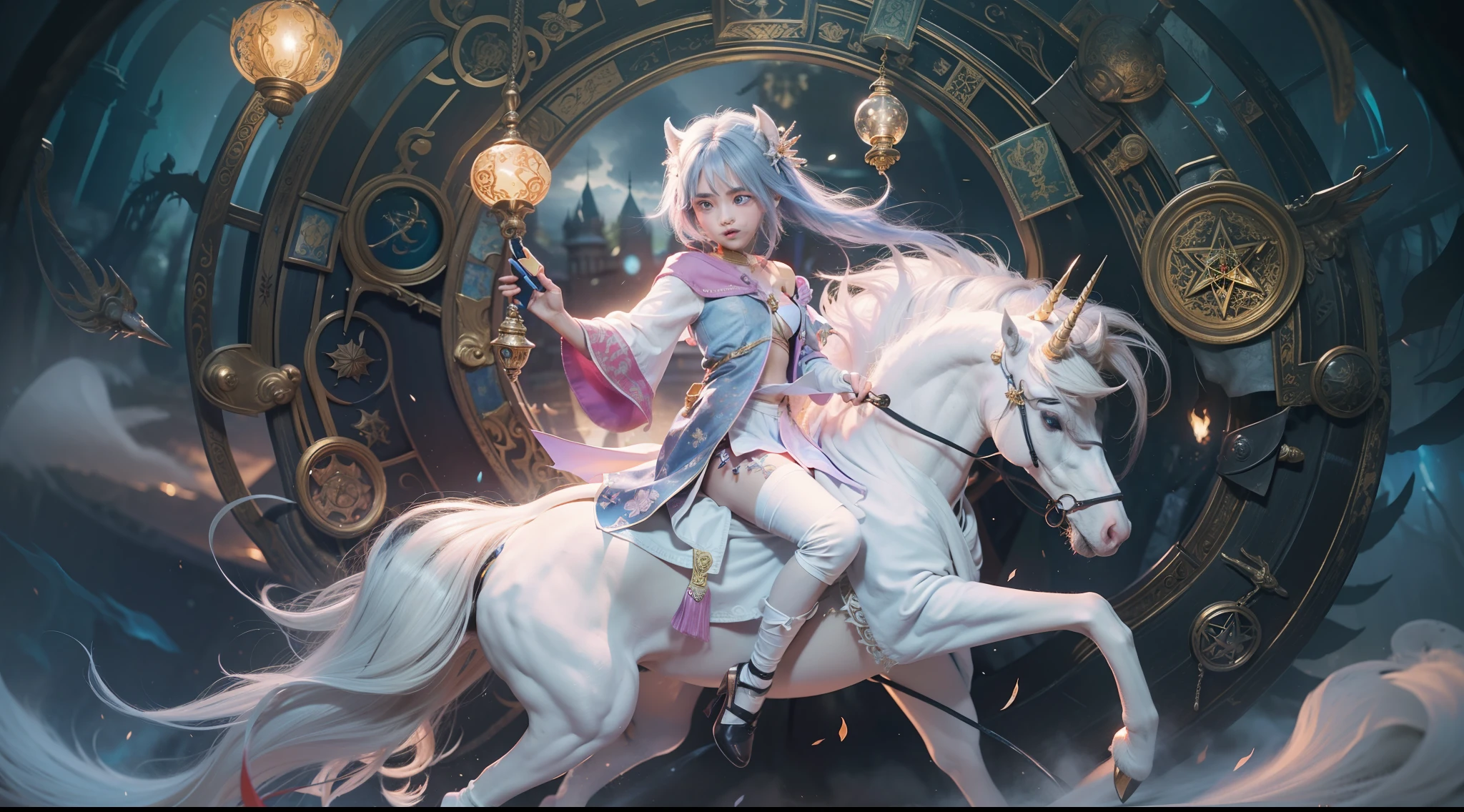 Magic Book,Blood,Night, Dark, (Fantasy),infinite,deep blue sky,The abyss of knowledge,Cowledge,((masutepiece)), (((Best Quality))),((Beautiful fine eyes)),(Eye lashes)、very beautiful face、Beautiful girl riding white unicorn、(女の子1人)、Black hair、The long-haired、abyss eyes、glowy skin、oils、small tits、Perfect human body structure、Wizard robes、tattered cloth、Realistic coat、Teenchi、Super delicate CG Unity 32k wallpaper、​masterpiece, ((ultra-detailliert)), ((illustratio)),colourfull,wall-paper,The energy,Unknown terror,Incomprehensible,Around the magic,Magical surroundings,magic wands,Boken,Flying pages,Know everything,Predict the future、Get to know the past、Infinite wisdom、blue flames、Warlock、magic circles、Pentagram、Spells、mantra、Singing magic
