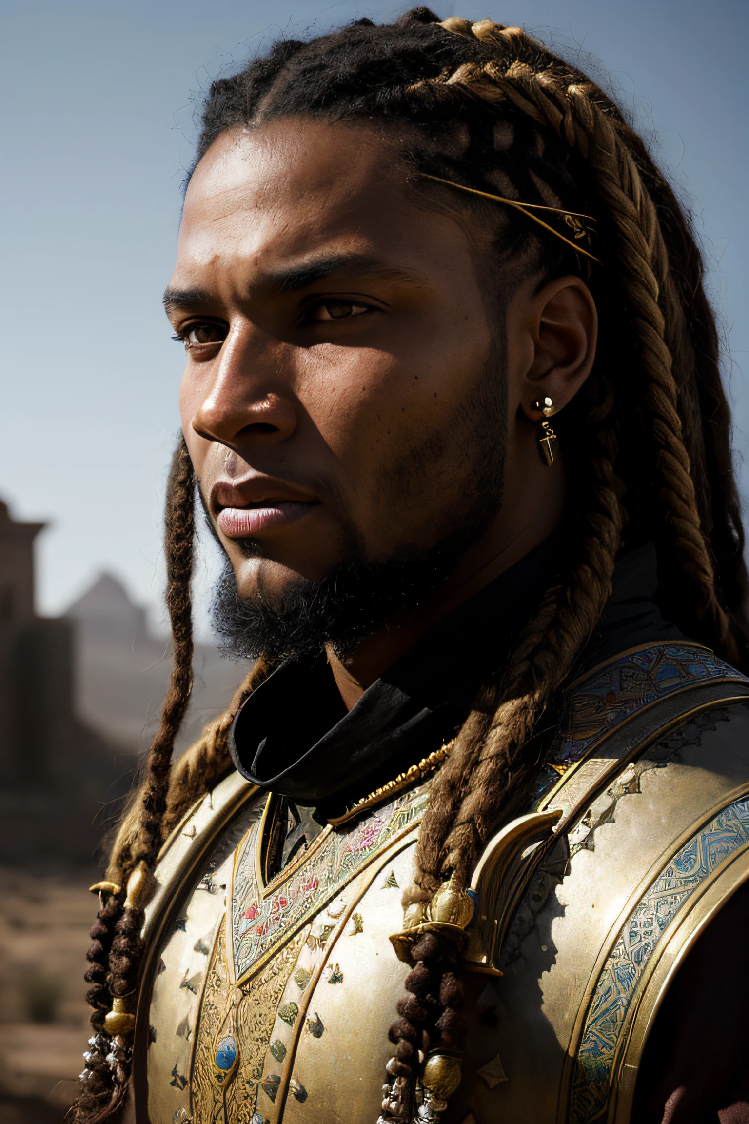 close up portrait of a 26 year-old confident blasian dark-skinned medieval fantasy nobleman, almond-shaped eyes, gorgeous hazel-colored eyes, very long hair, dutch braids and dreadlocks, chin strap beard, square jaw, intense and fierce look, steadfast expression, athletic, strong, imposing, rich traditional fantasy north african nobleman's clothes, in a fantasy north african palace, (backlighting), realistic, masterpiece, highest quality, lens flare, shade, bloom, [[chromatic aberration]], by Jeremy Lipking, by Antonio J. Manzanedo, digital painting