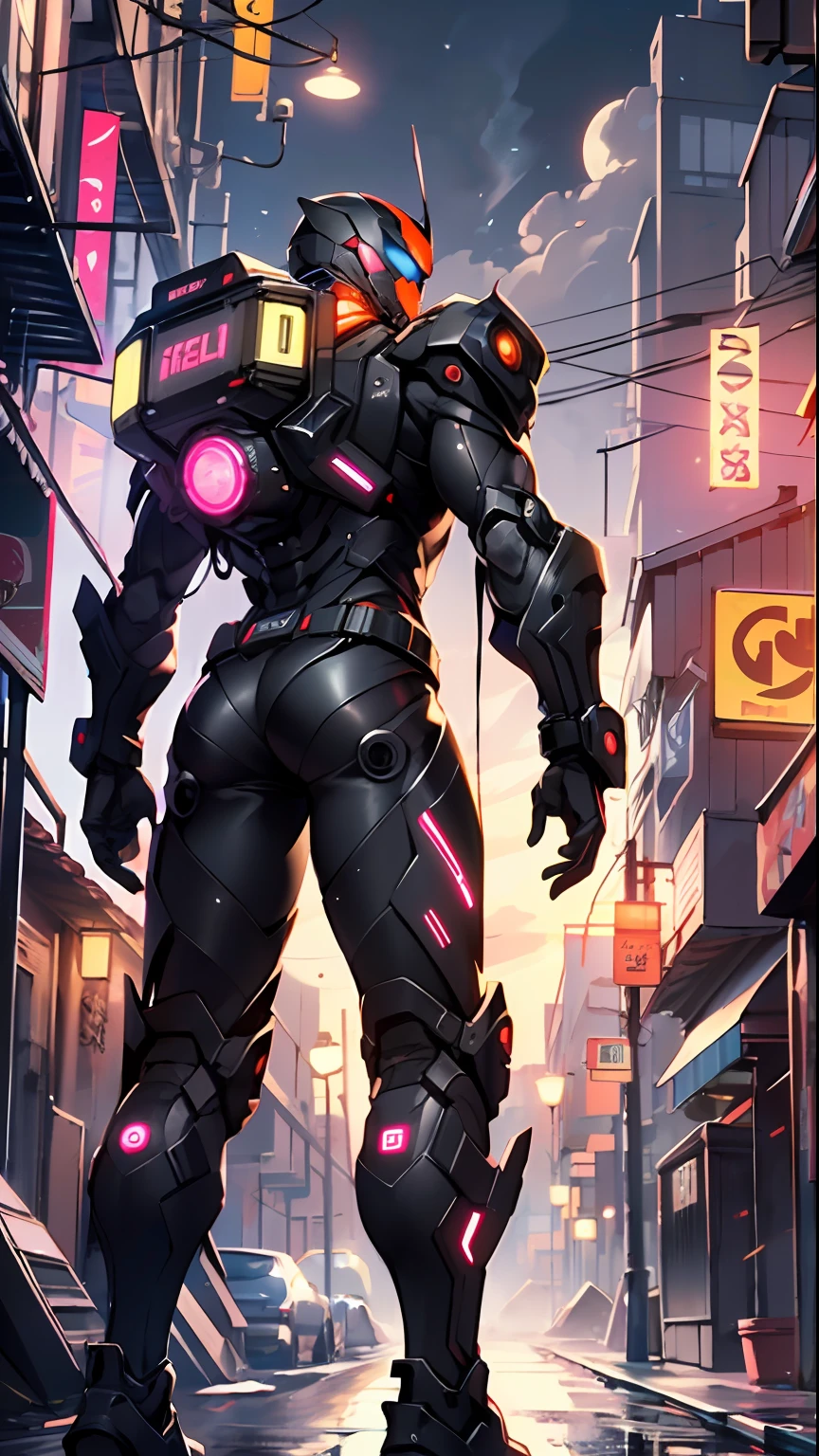 Imposing black plastic metal android robot, three meters tall and with a minimalist design that highlights its marked metallic musculature. His head is smooth and adorned with RGB lights that highlight his uniqueness and futurism.
He carries a metal backpack on his back that contains drones, turrets, and firearms. The backpack has spidery legs that allow it to move quickly.
Although most of his body is a deep, glossy black, there are orange, purple, and blue details that highlight his striking, futuristic design. It is undoubtedly an impressive creation that does not go unnoticed.
(dynamic pose:1.0), solo focus, centered, scale to fit dimensions, Rule of thirds,
outdoors, ((night view)), (cyberpunk night street Background: 1.5,dark sky,alleyway,lonely alley,thick clouds, detailed background:1.25),
(best quality), (high resolution), (sharp focus), (ultra detailed), (extremely detailed), (extremely high quality artwork), 8k_wallpaper, (extremely detailed CG 8k),(very fine 8K CG), ((hyper super ultra detailed perfect piece)), flawless, (((masterpiece))), illustration, vibrant colors, (intricate), High contrast, Selective lighting, Double exposure, HDR (High Dynamic Range), Post-processing, Background blur,