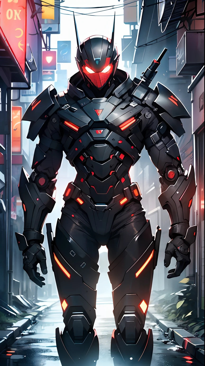 Imposing black plastic metal android robot, three meters tall and with a minimalist design that highlights its marked metallic musculature. His head is smooth and adorned with RGB lights that highlight his uniqueness and futurism.
He carries a metal backpack on his back that contains drones, turrets, and firearms. The backpack has spidery legs that allow it to move quickly.
Although most of his body is a deep, glossy black, there are orange, purple, and blue details that highlight his striking, futuristic design. It is undoubtedly an impressive creation that does not go unnoticed.
(dynamic pose:1.0), solo focus, centered, scale to fit dimensions, Rule of thirds,
outdoors, ((night view)), (cyberpunk night street Background: 1.5,dark sky,alleyway,lonely alley,thick clouds, detailed background:1.25),
(best quality), (high resolution), (sharp focus), (ultra detailed), (extremely detailed), (extremely high quality artwork), 8k_wallpaper, (extremely detailed CG 8k),(very fine 8K CG), ((hyper super ultra detailed perfect piece)), flawless, (((masterpiece))), illustration, vibrant colors, (intricate), High contrast, Selective lighting, Double exposure, HDR (High Dynamic Range), Post-processing, Background blur,