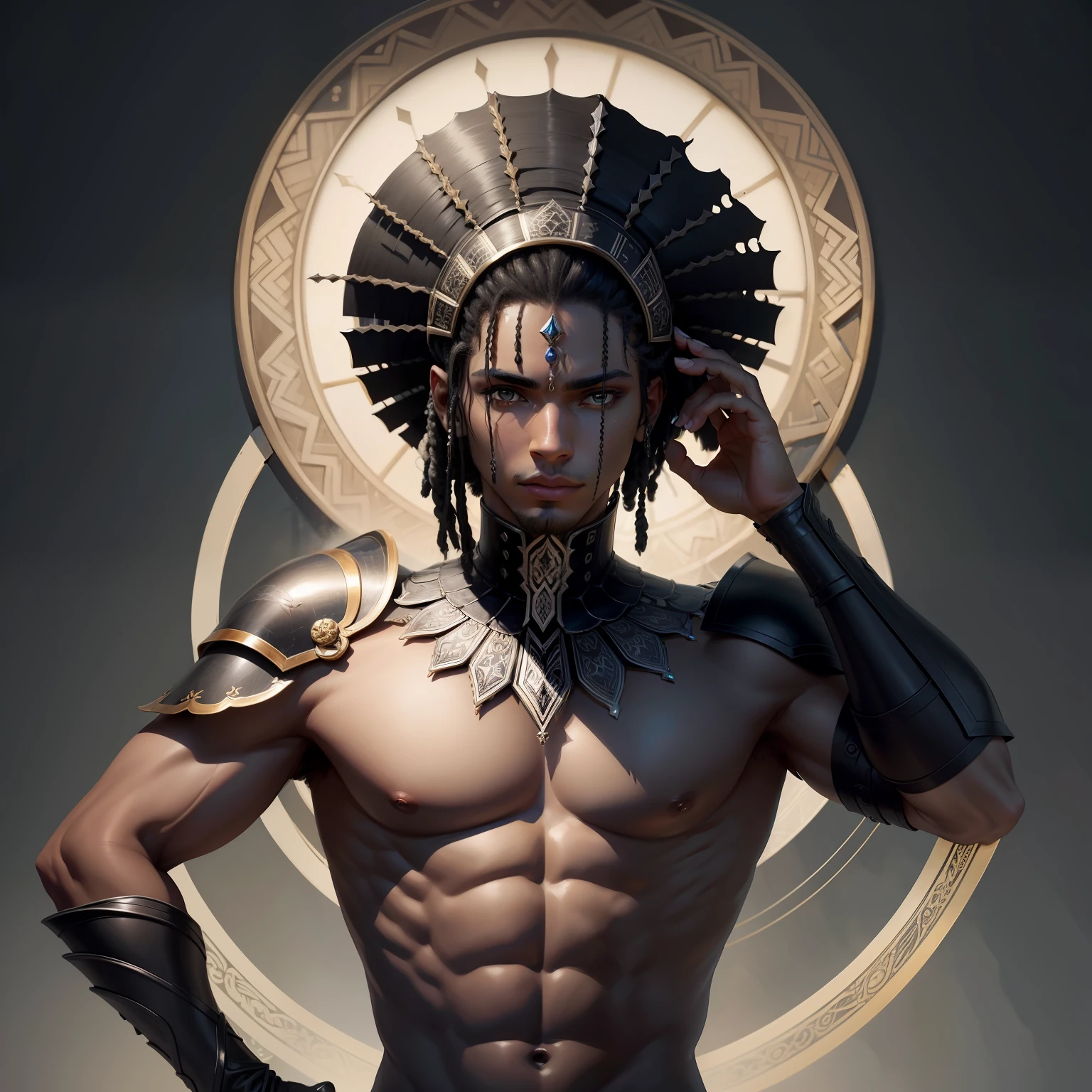 obra-prima, qualidade superior, melhor qualidade, arte oficial, beautiful and aesthetic: 1.2),, extremamente detalhado, (arte fractal: 1.3), sombrio, mais detalhado, Hades, Deus grego, imperador do mundo dos mortos, 1boy, muito bonito, armadura negra, cabelos curtos negros, olhos azuis, pale skinned, coroa negra, imponente
