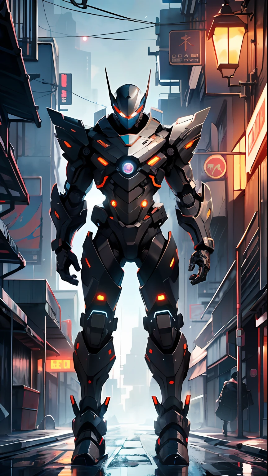 Imposing black plastic metal android robot, three meters tall and with a minimalist design that highlights its marked metallic musculature. His head is smooth and adorned with RGB lights that highlight his uniqueness and futurism.

He carries a metal backpack on his back that contains drones, turrets, and firearms. The backpack has spidery legs that allow it to move quickly.

Although most of his body is a deep, glossy black, there are orange, purple, and blue details that highlight his striking, futuristic design. It is undoubtedly an impressive creation that does not go unnoticed.


(dynamic pose:1.0), solo focus, centered, scale to fit dimensions, Rule of thirds,

outdoors, ((night view)), (cyberpunk night street Background: 1.5,dark sky,alleyway,lonely alley,thick clouds, detailed background:1.25),

(best quality), (high resolution), (sharp focus), (ultra detailed), (extremely detailed), (extremely high quality artwork), 8k_wallpaper, (extremely detailed CG 8k),(very fine 8K CG), ((hyper super ultra detailed perfect piece)), flawless, (((masterpiece))), illustration, vibrant colors,  (intricate), High contrast, Selective lighting, Double exposure, HDR (High Dynamic Range), Post-processing, Background blur,