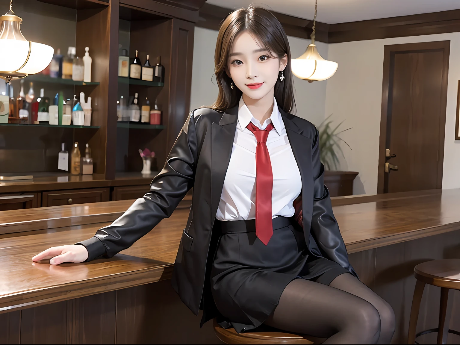 Exquisite, masterpiece, beautiful details, colorful, delicate details, delicate lips, intricate details, large breasts, 1 female, (a beautiful 20-year-old cute Korean woman: 1.1), (kpop idol, Korean mixed), (50mm Sigma f/1.4 ZEISS lens, F1.4, 1/800s, ISO 100, photograpy:1.1), (brunetize: 1.2), (photorealistic:1.4 ), (SPY:1.2), (Open Jacket,Shirt, Skirt,Tie,Black Pantyhose,Christian Louboutin\(Brand\),:1.3), Earrings, Necklace, Armbands, (Tavern, Bar:1.2), (Beautiful Legs, High Girl, Skinny, slim_legs, thigh_gap, Model:1.2), Lens flare, viewed from the front, (Happy smile: 1.1), dynamic pose, (makeup: 1.2), sitting on a bar stool,
