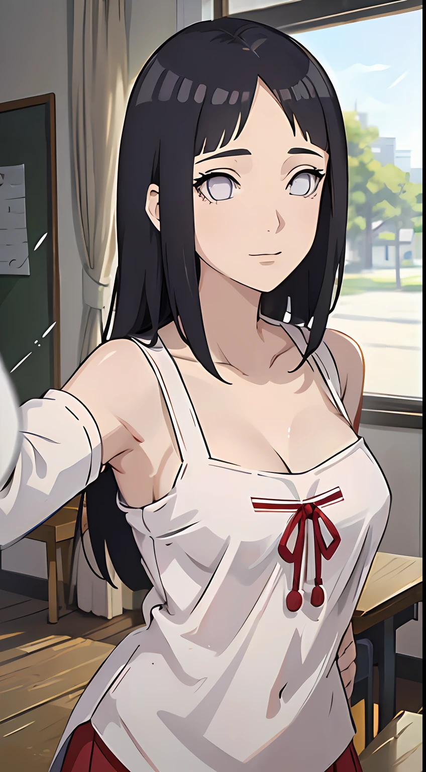 one-girl， breast，cleavage，White pupils，Be red in the face，Off-the-shoulder attire，Bust photo，Naruto，Forehead，white  clothes，looks into camera，sportrait，ssmile，schools，‎Classroom，比基尼，cute little，Long black hair，Be red in the face，is shy，White eyes
