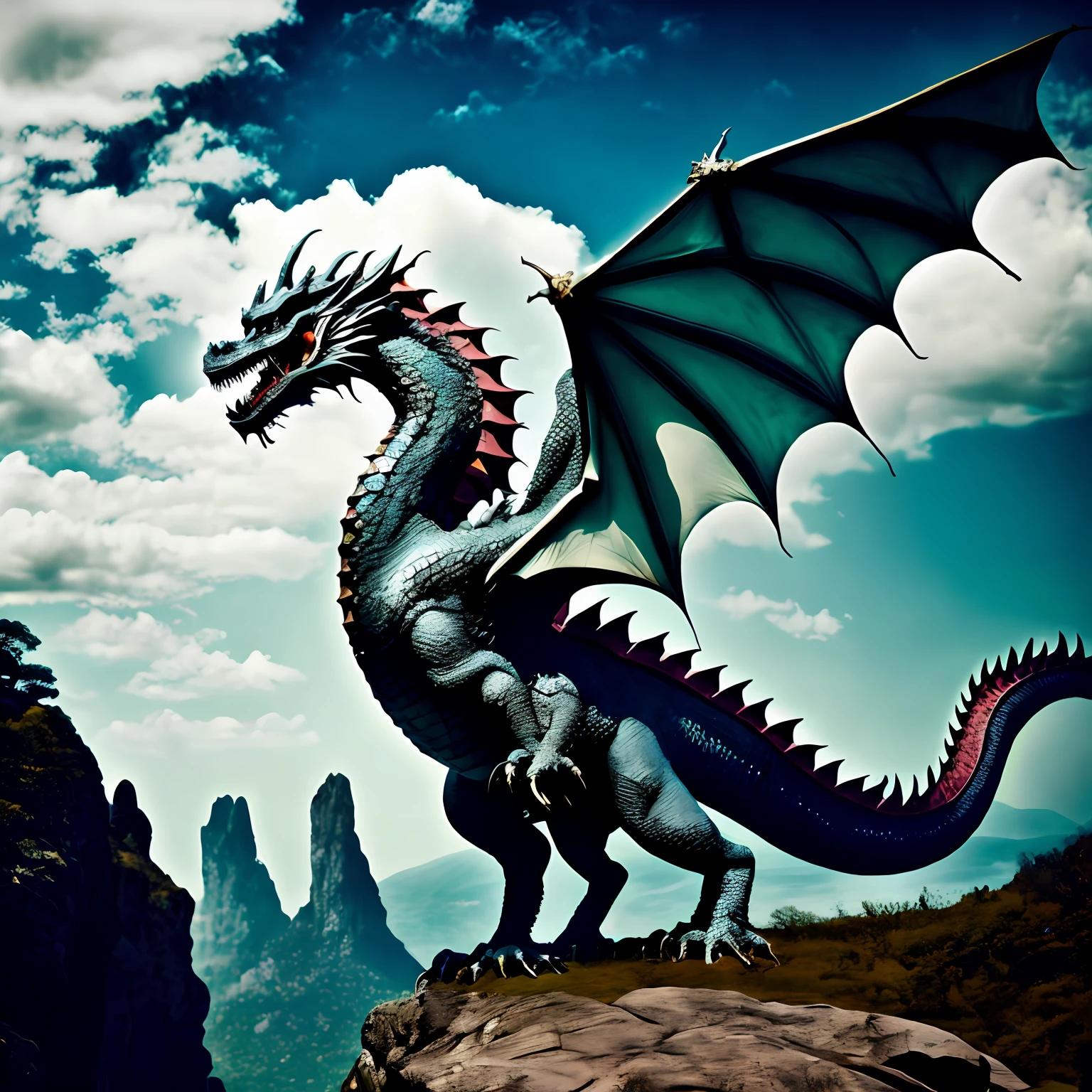 There is a dragon standing on a rock in the sky, giant dragon flying in the sky, epic dragon, giant dragon resting in a cave, Dragon Art, a majestic gothic dragon, colossal dragon as background, Dragon Flying, dragon flying in the background, dragons flying in the sky, Legendary Dragon, european dragon, dragon with scars, wyvern