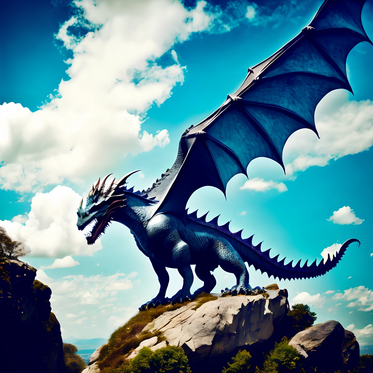 There is a dragon standing on a rock in the sky, giant dragon flying in the sky, epic dragon, giant dragon resting in a cave, Dragon Art, a majestic gothic dragon, colossal dragon as background, Dragon Flying, dragon flying in the background, dragons flying in the sky, Legendary Dragon, european dragon, dragon with scars, wyvern