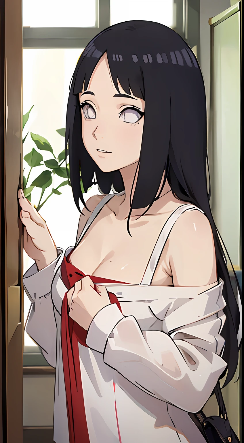 one-girl,little breast,cleavage,White pupils,Be red in the face,Off-the-shoulder attire,Bust photo,Naruto,Forehead,white clothes,looks into camera,sportrait,ssmile,schools,Classroom,比基尼,cute little,Long black hair,Be red in the face,is shy,White eyes