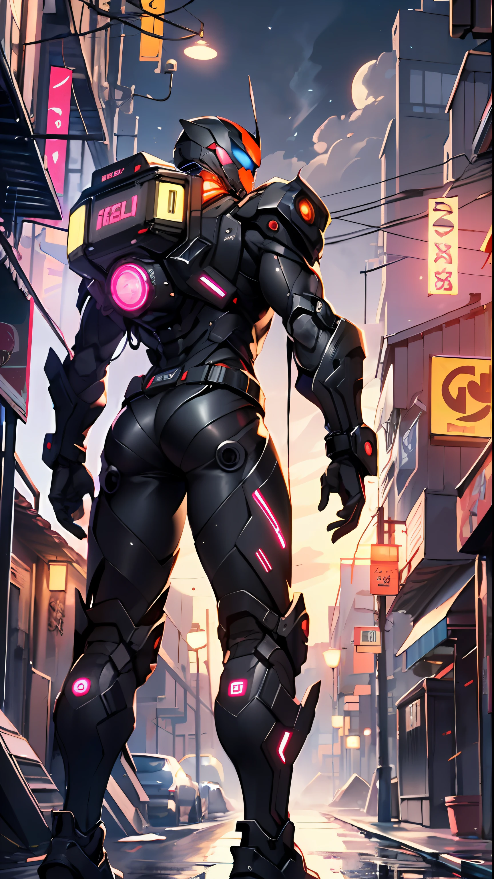 Imposing black plastic metal android robot, three meters tall and with a minimalist design that highlights its marked metallic musculature. His head is smooth and adorned with RGB lights that highlight his uniqueness and futurism.
He carries a metal backpack on his back that contains drones, turrets, and firearms. The backpack has spidery legs that allow it to move quickly.
Although most of his body is a deep, glossy black, there are orange, purple, and blue details that highlight his striking, futuristic design. It is undoubtedly an impressive creation that does not go unnoticed.
(dynamic pose:1.0), solo focus, centered, scale to fit dimensions, Rule of thirds,
outdoors, ((night view)), (cyberpunk night street Background: 1.5,dark sky,alleyway,lonely alley,thick clouds, detailed background:1.25),
(best quality), (high resolution), (sharp focus), (ultra detailed), (extremely detailed), (extremely high quality artwork), 8k_wallpaper, (extremely detailed CG 8k),(very fine 8K CG), ((hyper super ultra detailed perfect piece)), flawless, (((masterpiece))), illustration, vibrant colors, (intricate), High contrast, Selective lighting, Double exposure, HDR (High Dynamic Range), Post-processing, Background blur,