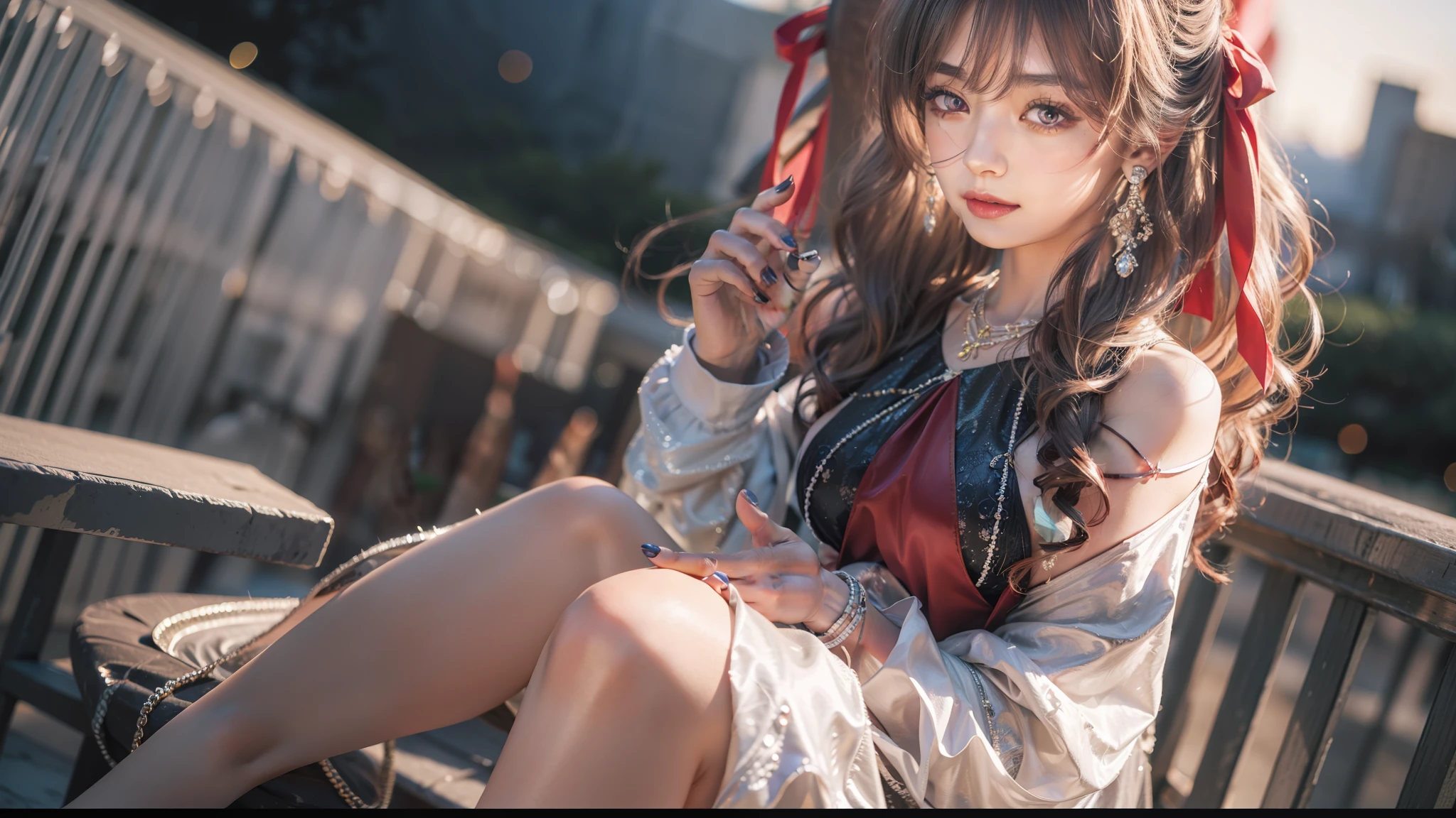Two girls standing in the park at night,Clear sky in the background. Park benches and soft lighting, Rear photo, (Side photography), looking back at the viewer, (Masterpiece), ((Ultra-detailed)), (Highly detailed), (Expressionless), (Best quality: 1.2), 8K, hdr, A high resolution, absurderes: 1.2, Object perspective, Blurred background, Bokeh: 1.1, Lens flare, (vivd colour: 1.2), High quality texture, Detailed texture, High-quality lighting and shadows, a face with perfect proportion, full bodyesbian, Mature and excited body, Detailed skin texture, vibrant, pale and radiant skin, natural saggy breasts, gigantic bosom: 1.5, High waist, Narrow waist: 1.3, Wide hips, Full buttocks, Detailed beautiful face, (PureErosFace_V1:1.3)(Ulzzang-6500:0.4) Detailed beautiful eyes, Symmetrical eyes, Perfect eyes, Seductive eyes, Beautiful nose, High nose, Clear blush, Detailed lips, Earrings, hoop earings, necklace, jewelry, Sapphire heart necklace, Silver-toned high-heeled sandals, Seductive expression, Smile, Perfect hands, Delicate and beautiful fingers, Detailed beautiful legs, photo-realistic hair, detailed hairs, (Silver dress, Red dress, Blue dress), Chisato Nishiki, Long hair, Blonde hair, (Red eyes: 1.5), Hair ribbon, Bob cut, Red hair ribbon,),gigantic cleavage breasts,Japan goddess,blush,2 goddesses,Kiss on the road,