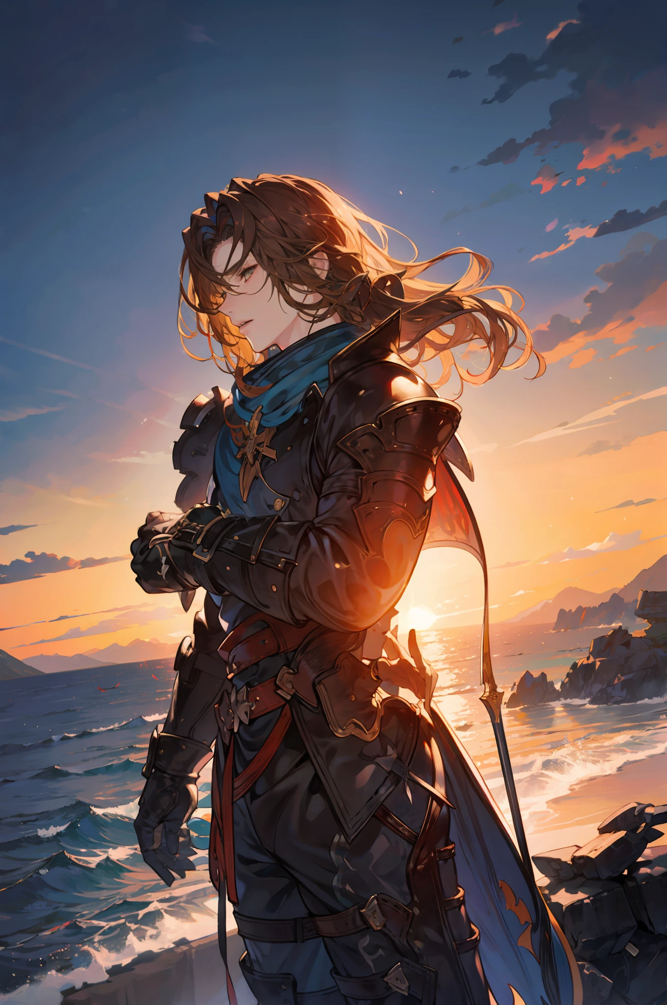 ((MAN)) Siegfried, GranBlue, 1hombre, armadura, Playa, brown_cabello, Arde, nube, nublado_Cielo, twilights, brasas, Noche, Fuego, llameante_arma, Guantes, Gradiente_Cielo, tenencia, tenencia_espada, tenencia_arma, horizonte, largo_cabello, masculino_Focus, fundido_roca, mountains, mountainous_horizonte, ocean, naranja_Cielo, al aire libre, Plantado, morado_Cielo, rojo_Cielo, paisaje, ribera, hombro_armadura, Cielo, solamente, En pie, sol, amanecer, puesta del sol, espada, twilights, Agua, arma, amarillo_Cielo