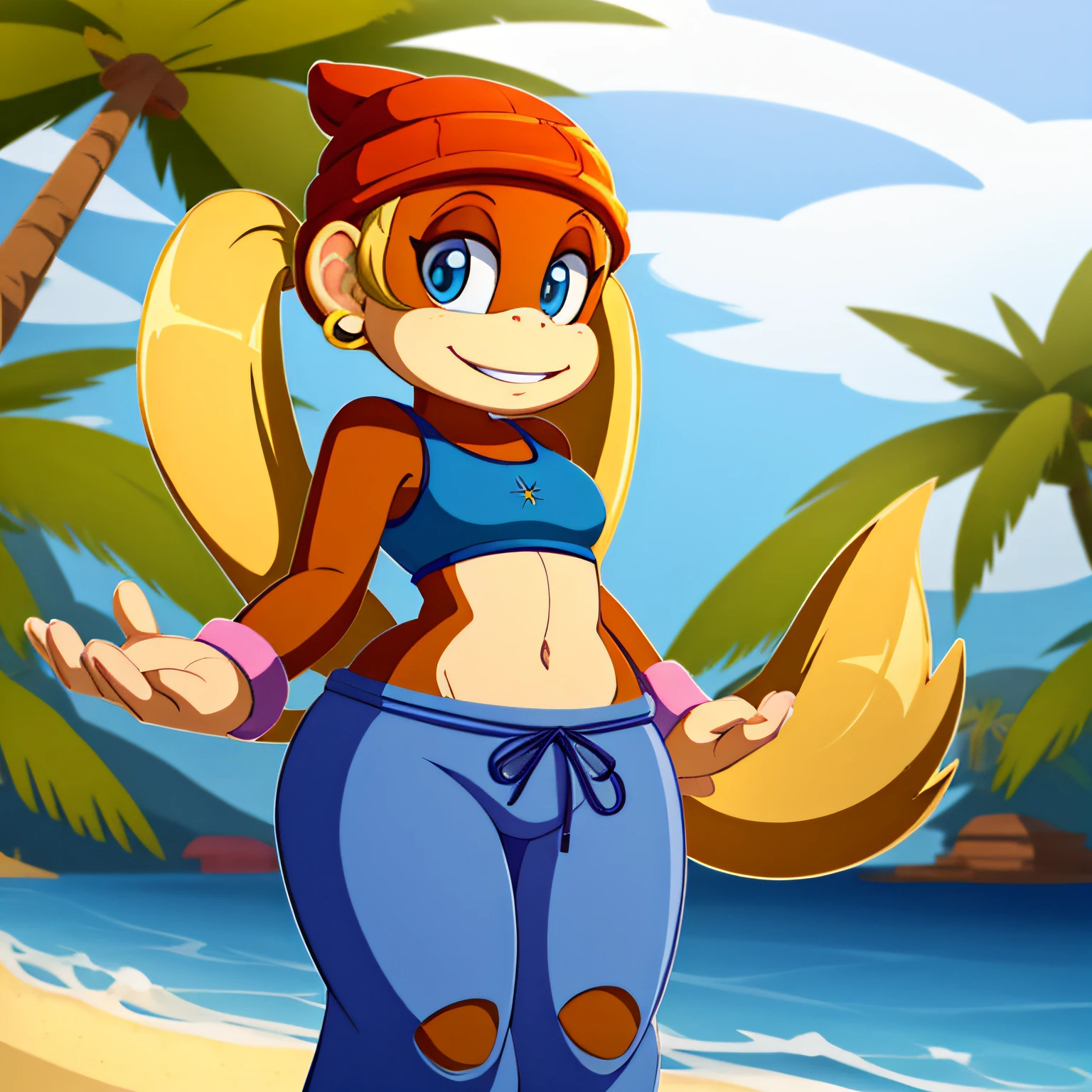 masterpiece, best quality, high resolution, full body, perfect body, perfect face, great detail, depth of field, tinykong, anthropomorphic, blonde hair, twin tails, baggy pants, monkey, crop top, light brown fur, beanie, anthro monkey, solo, 1girl, beach background, palm trees, curvy hips, cel shaded, cartoon,