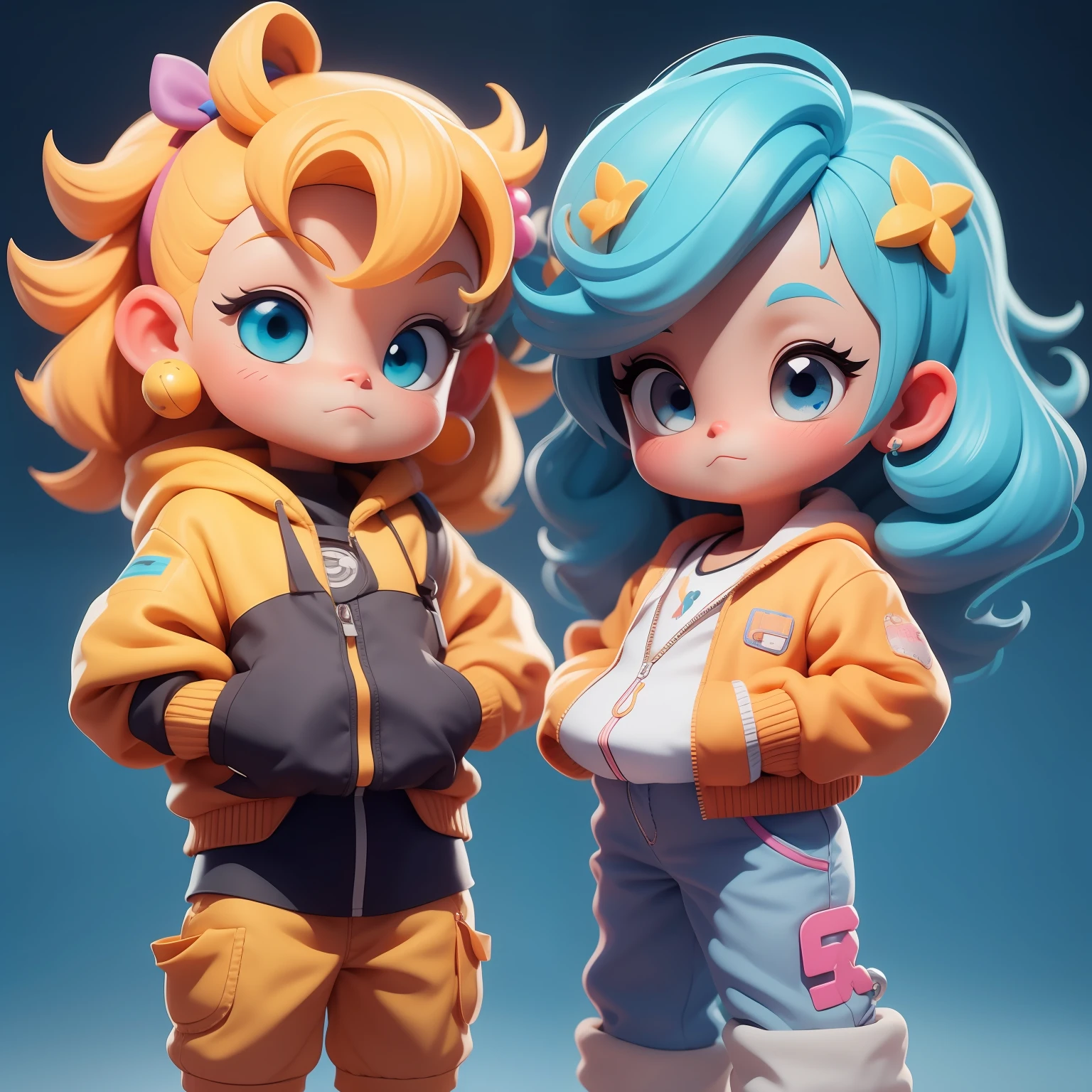 Um menino e uma menina super bonitos, corpo inteiro, fantastic cute hair accessories Popmart blind box, IP de design, Bright background clean 3D rendering, OC rendering, 8k, Foco suave, brilho fino super detalhe --ar 3:6 50 --q 2 --niji 5 --expressividade estilo --s 2
