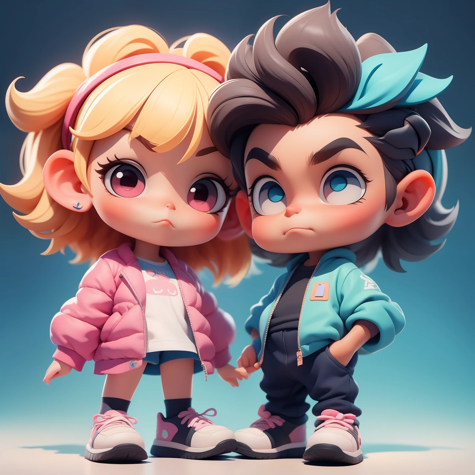 Um ****** e uma ****** super bonitos, corpo inteiro, fantastic cute hair accessories Popmart blind box, IP de design, Bright background clean 3D rendering, OC rendering, 8k, Foco suave, brilho fino super detalhe --ar 3:6 50 --q 2 --niji 5 --expressividade estilo --s 2