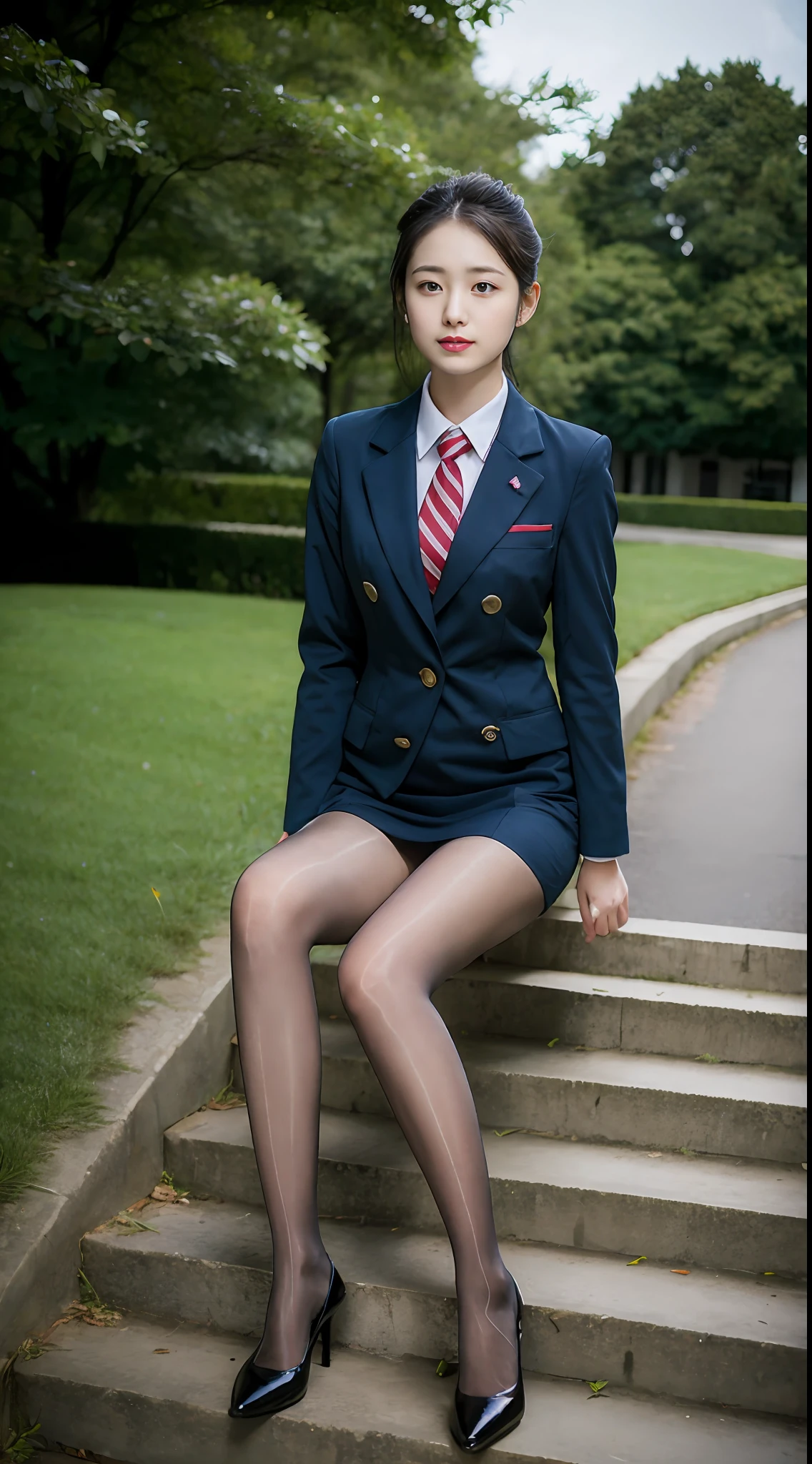Best quality, full body portrait, delicate face, pretty face, 25 year old woman, slim figure, small bust, OL uniform, office clothes, black stockings, outdoor scene, sitting position