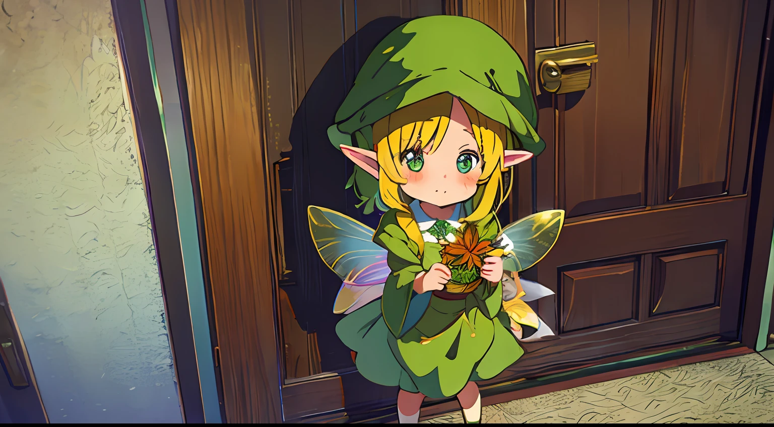 One girl、Leprechaun、The tree、door leaf、fairy costumes、​masterpiece、top-quality、Top image quality、cute little