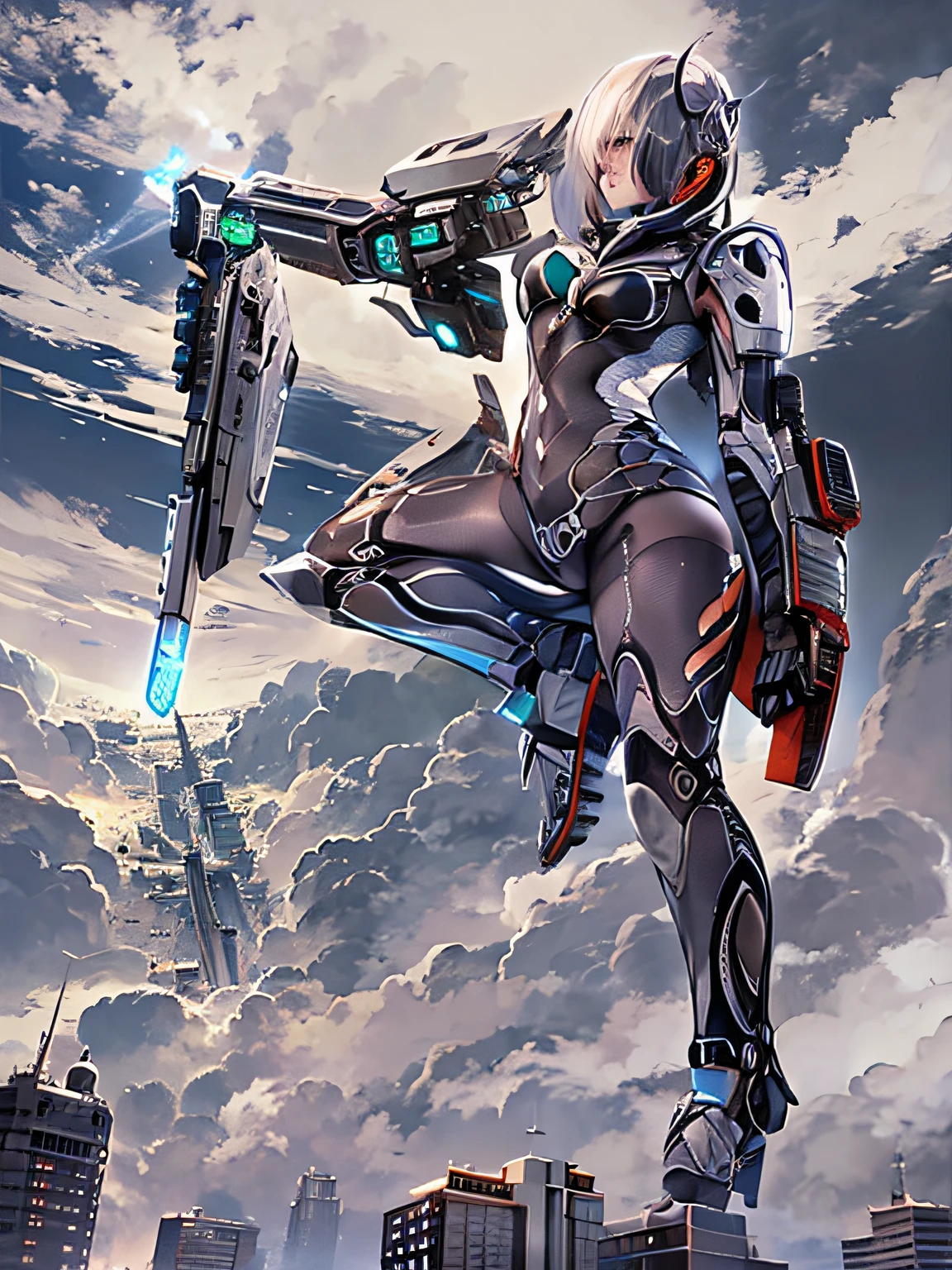 Sky, Clouds, holding_weapon, no_humans, Glow, Robots, Architecture, Science Fiction, Cities, Reality --v6