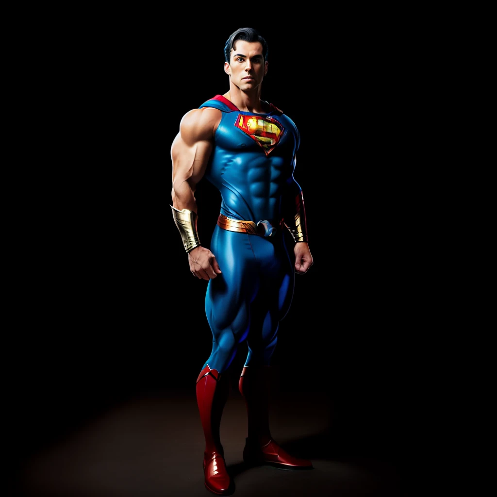 (full-body picture), man, muscler, small eyes, brown eye, bald, sideburns, bodybuilder, midlife, frowning, handsome, (superhero outfit),A male, muscular, bodybuilder, small eyes, brown eyes, chest muscles, bald, gray beard, short beard, bronze skin, midlife, handsome, sad expression, frowning, bulging crotch, high definition, full body, Dressed in a Superman costume.Black People