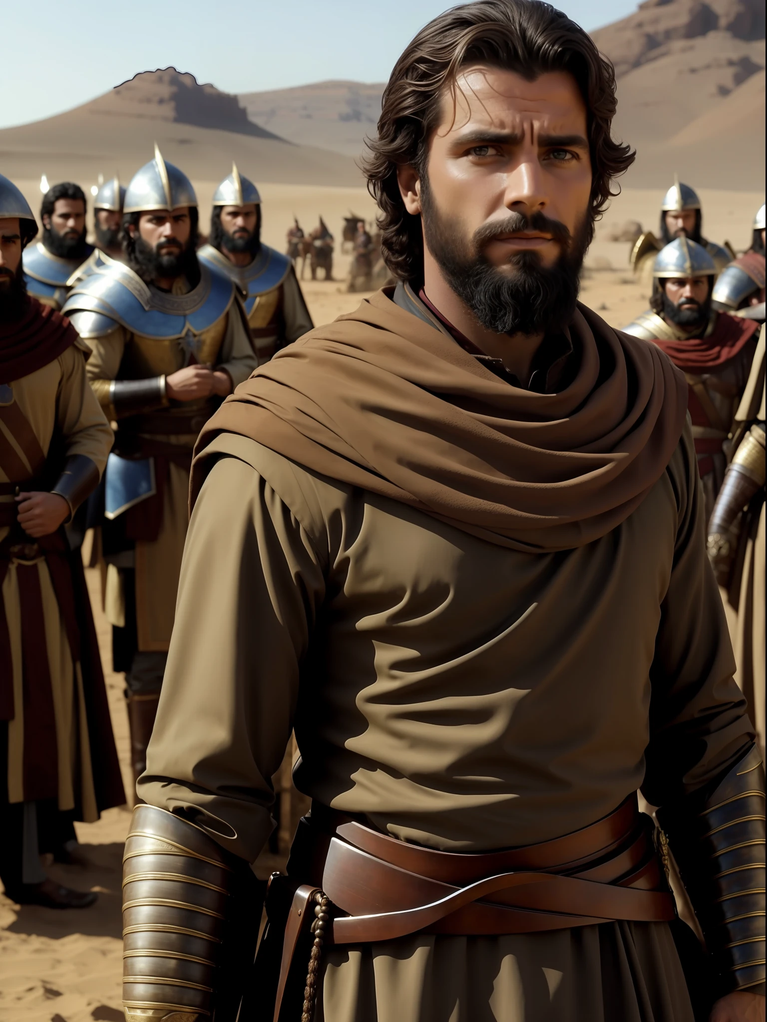 homem com barba, biblical clothing, Standing in front of a crowd, um retrato de Marcello Bacciarelli, Reddit, Renascimento, No filme Lancelot, o primeiro cavaleiro 1995, biblical epic movie, Beautiful warrior of Persia, ator, biblical epic movie, Rei Artur, Paul Atreides como Imperador de Duna, Handsome, 0 0 0 a.C.