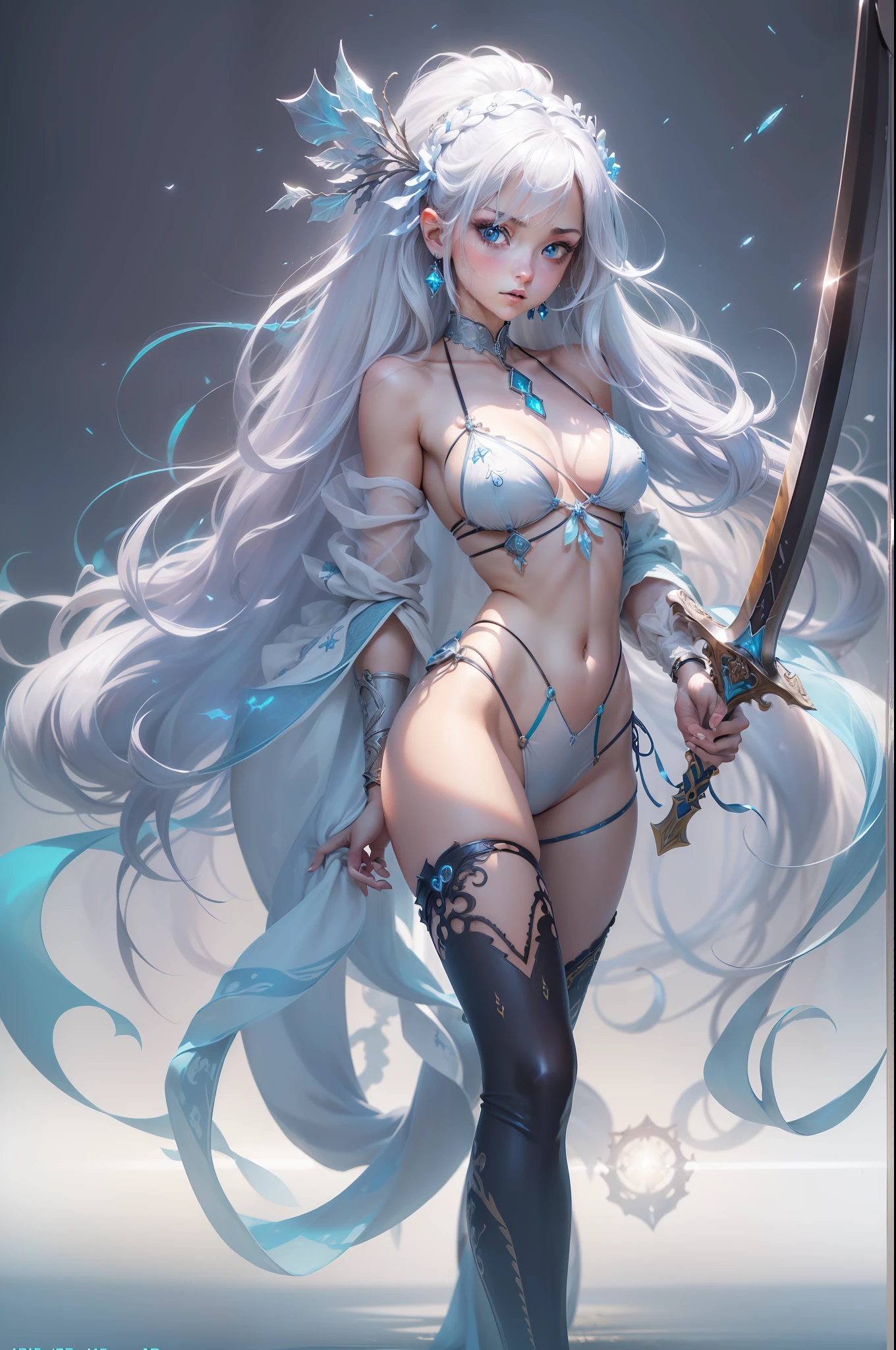 (masutepiece), (((full-length portrait))), (Large eyes), small head, , , Realistic, (Portrait of a girl), Beautiful eyes, Beautiful face, Beautiful body, ((Beautiful legs)), , Cinematic Light, Beautuful Women, silber hair, Perfect Anatomy, Very cute , (Blue eyes) ,, Centered image, Stylized, bio luminescent,8K resolution, ((White transparent micro bikini with little blue jewelry)), Human Hands,  Elegant, Approaching perfection, Dynamic, Highly detailed, Character Sheet, Concept art, Smooth, Amazingly beautiful young girl, Detailed hairstyles,(((wide open legs))), Long straight hair, ((Attack enemies with a long sword in your right hand)), ((((Thigh High)))), (Spread legs), (((Dynamic action)))