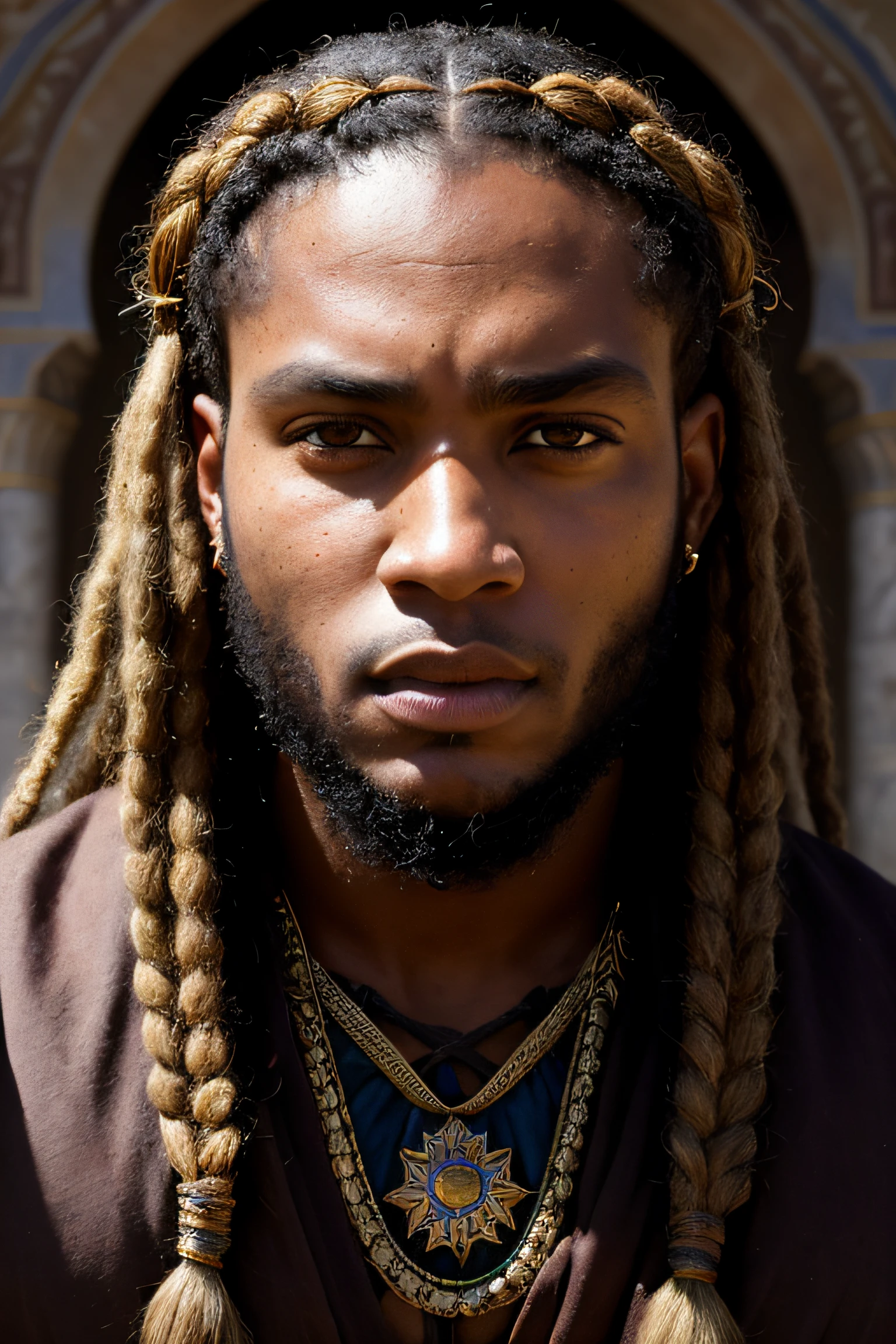 close up portrait of a 26 year-old confident blasian dark-skinned medieval fantasy nobleman, almond-shaped eyes, gorgeous hazel-colored eyes, very long hair, dutch braids and dreadlocks, chin strap beard, square jaw, intense and fierce look, steadfast expression, athletic, strong, imposing, rich traditional fantasy north african nobleman's clothes, in a fantasy north african palace, (backlighting), realistic, masterpiece, highest quality, lens flare, shade, bloom, [[chromatic aberration]], by Jeremy Lipking, by Antonio J. Manzanedo, digital painting