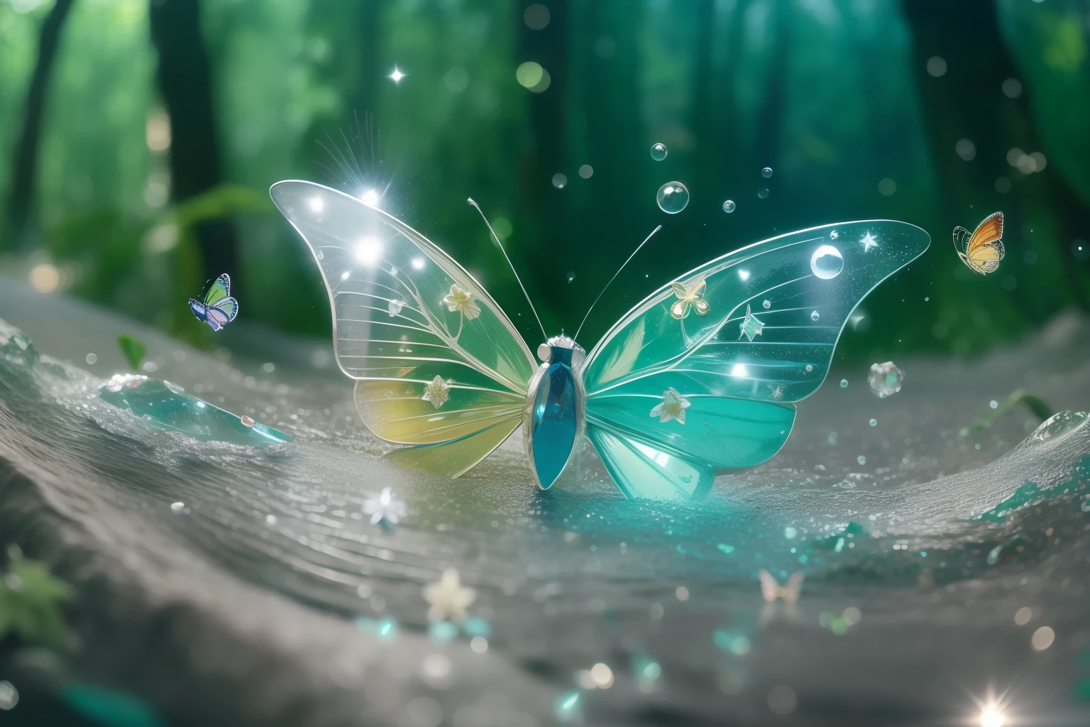 closeup fantasy with water magic, surrealism, 8K, Super detail, Best quality,rios,the woods,snowflower,As estrelas,Sparkling diamonds,small shiny butterfly,ribbons
