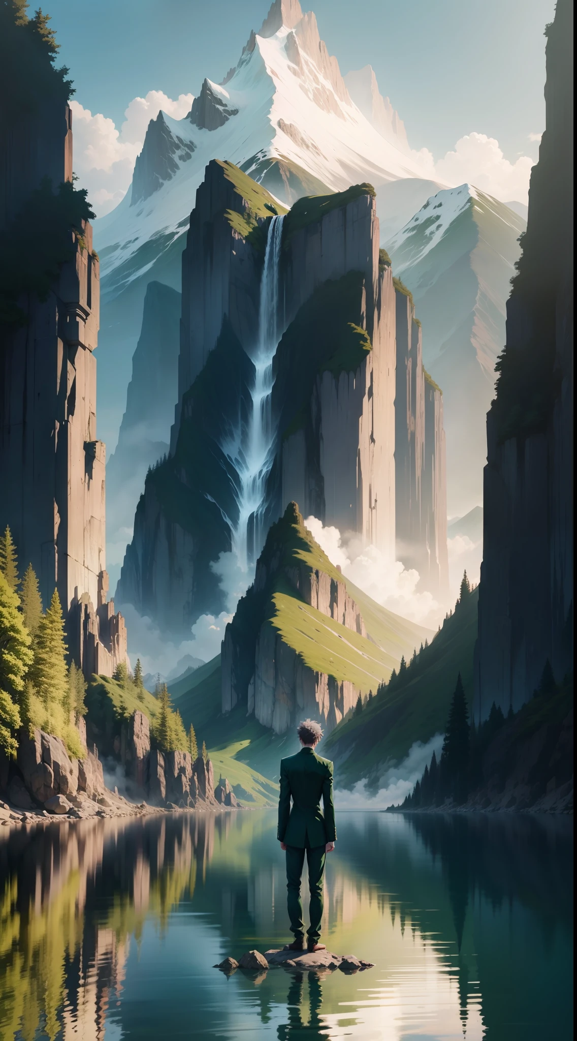 Anime male lonely back standing on the water surrounded by mountains emerald green