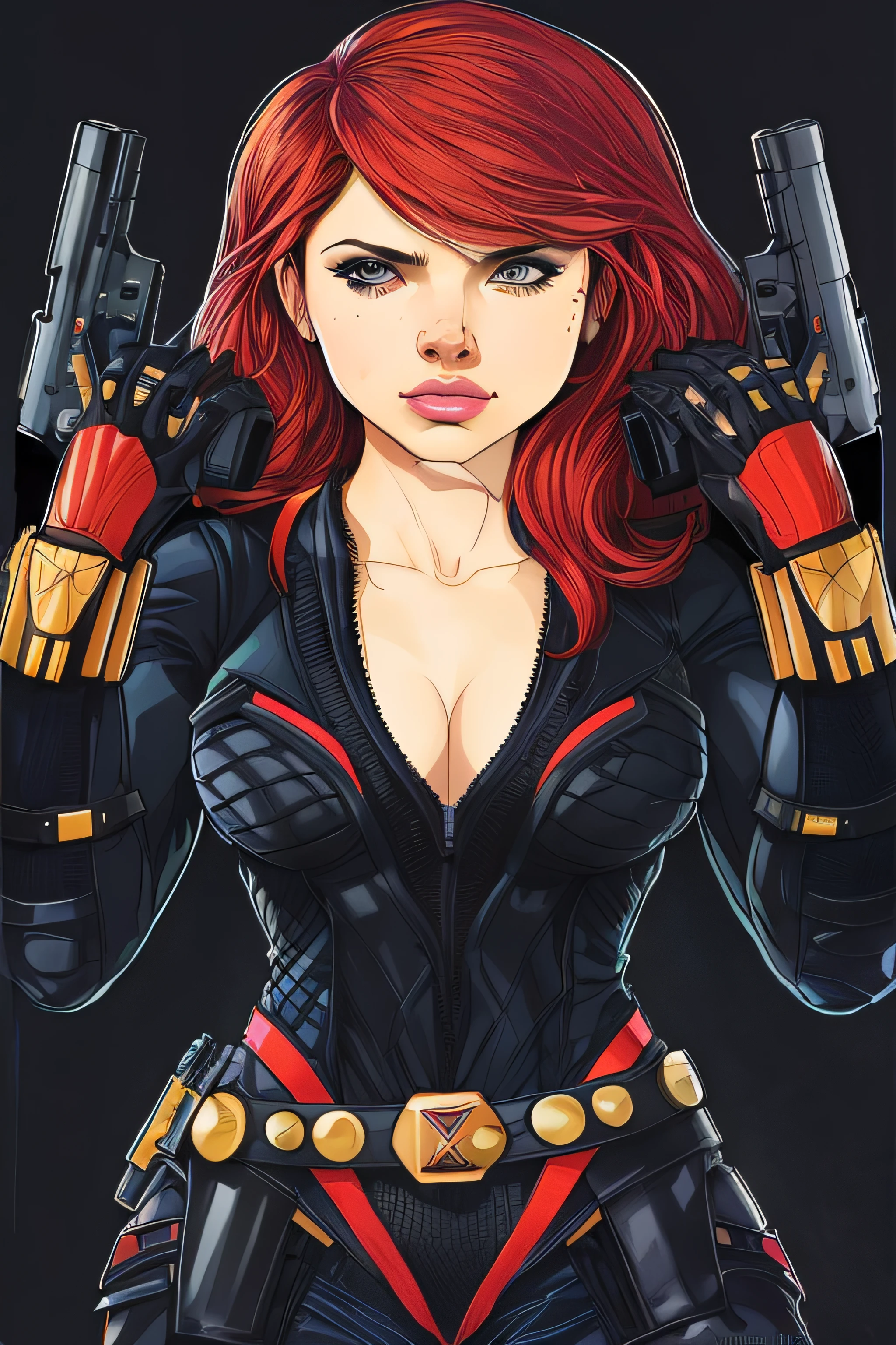 Un dibujo de una mujer con un traje de viuda negra sosteniendo dos armas, cazampulga, beautiful comic art, by José Comas Quesada, inspired by José Comas Quesada, Scarlett Johansson Viuda Negra, por Eddie Mendoza, Al estilo de Marvel Comics, Natasha oscura, Al estilo de Marvel y DC, Alena Aenami y Artgerm, Aspecto rudo