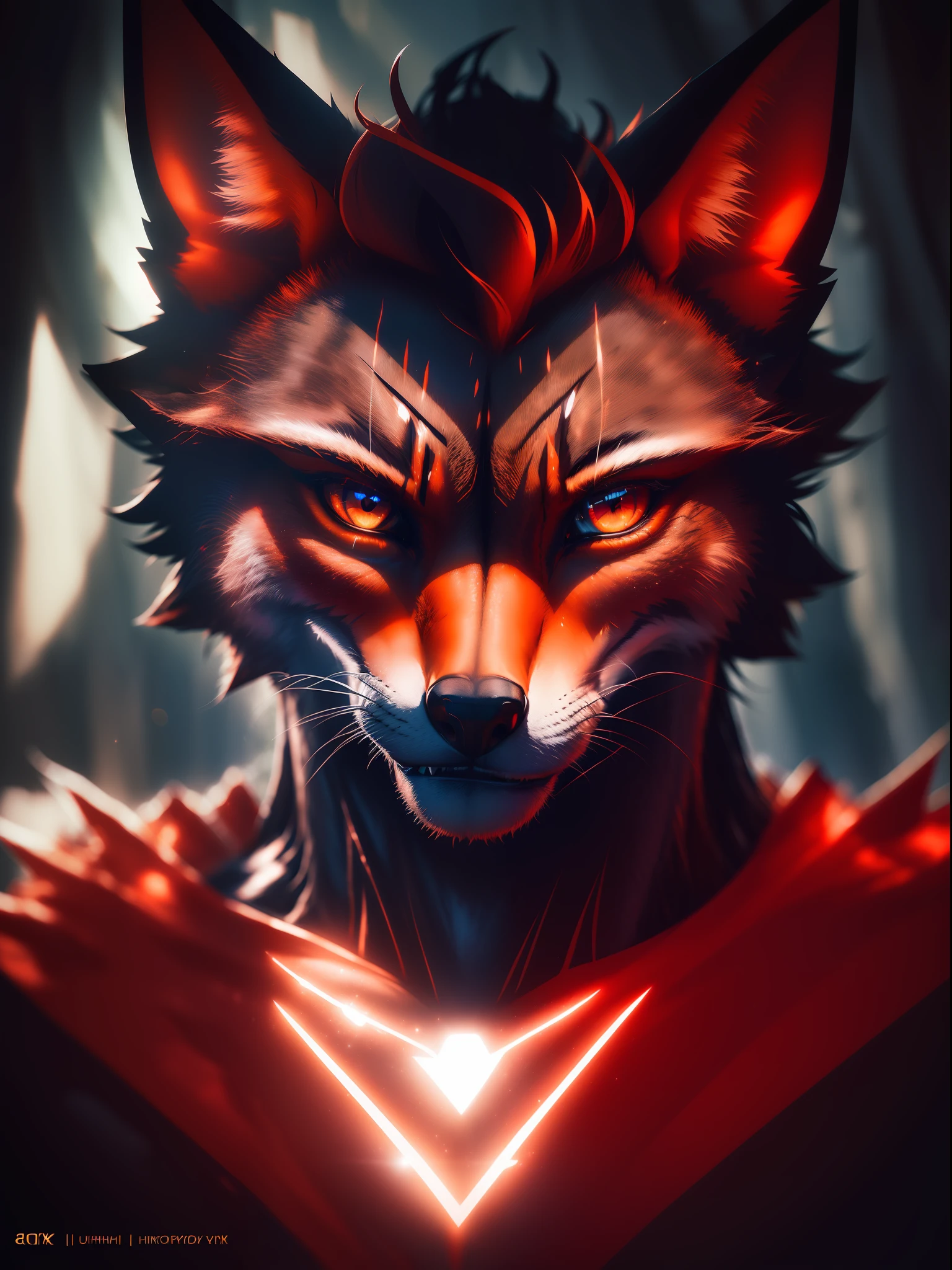 (A fox, wild, fierce, with sharp big teeth, Red eyes), (Highly detailed image:1.2), (Photorealistic:1.2), with intricate details. (And with background lighting effects, rays and colorful glowing powers, high contrast and saturation:1.2). ((Cinematic photography, UHD, 8k)).