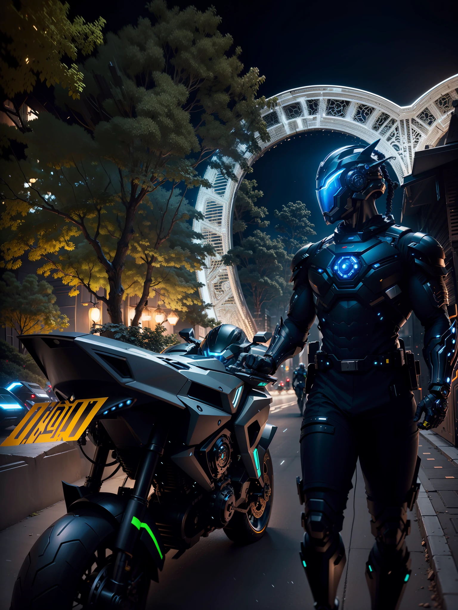 Cyber Man Warrior and Cyber Mechanical Motorcycle, Full Body Exquisite High-Tech Armor, Exquisite Black Tech Helmet, Nousr, Biomechanics, MSHN Robot Man, High-Tech Helmet, Surreal, Steel, Intricate Design, Crazy Details, Fine Details, Extremely Clear Lines, Cinematic Lighting, Photo Realistic, Detailed Masterpiece