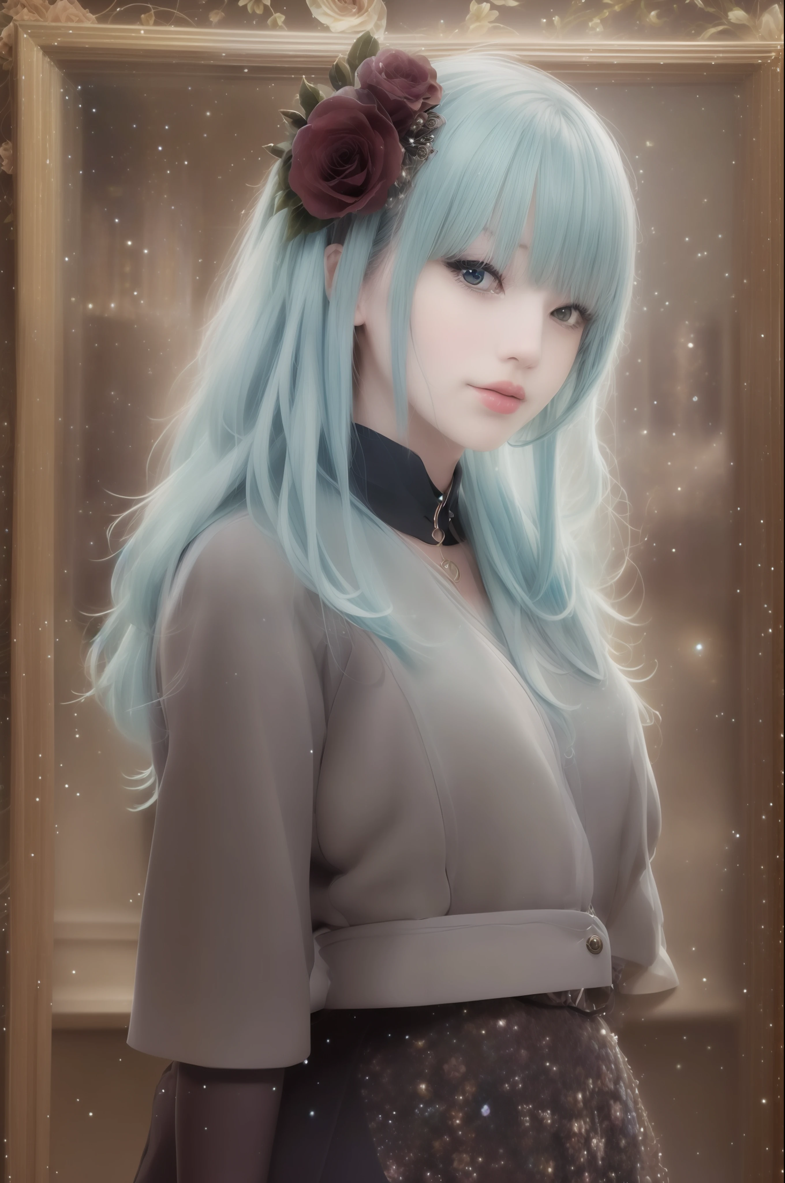 Photographic poster of beautiful women, Sony α7, 35mm Lens, f1.8、((Konmutsuki_gacha_series1, punk_rosette))), cute girl, aqua color flowers, (full body), elegant flowers background, realistic photo, beautiful woman, Beautiful girl, beautiful background, charming girls, realistic 3d style, photo realistic render