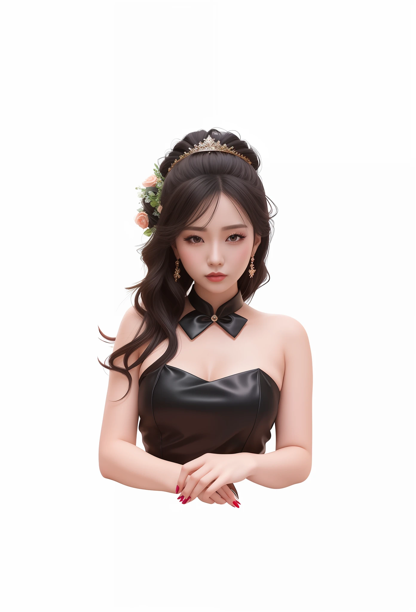 there is a woman in a black dress posing for a picture, hands on the table, trending at cgstation, trending on cgstation, guweiz masterpiece, korean girl, korean woman, 165 cm tall, inspired by Sim Sa-jeong, chinese girl, sha xi, cruel korean goth girl, tifa, guweiz, beautiful south korean woman, a beautiful fantasy empress