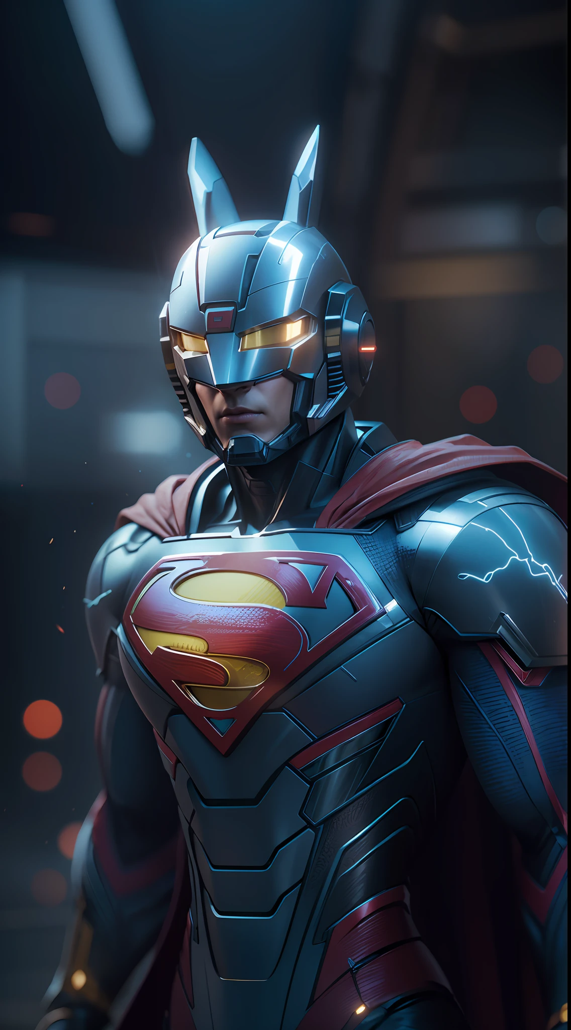 masterpiece, best quality, 8k, bunny robot superman. Professional photograph of a stunning man detailed, cinematic lightning, octane render, unreal engine, volumetrics dtx
