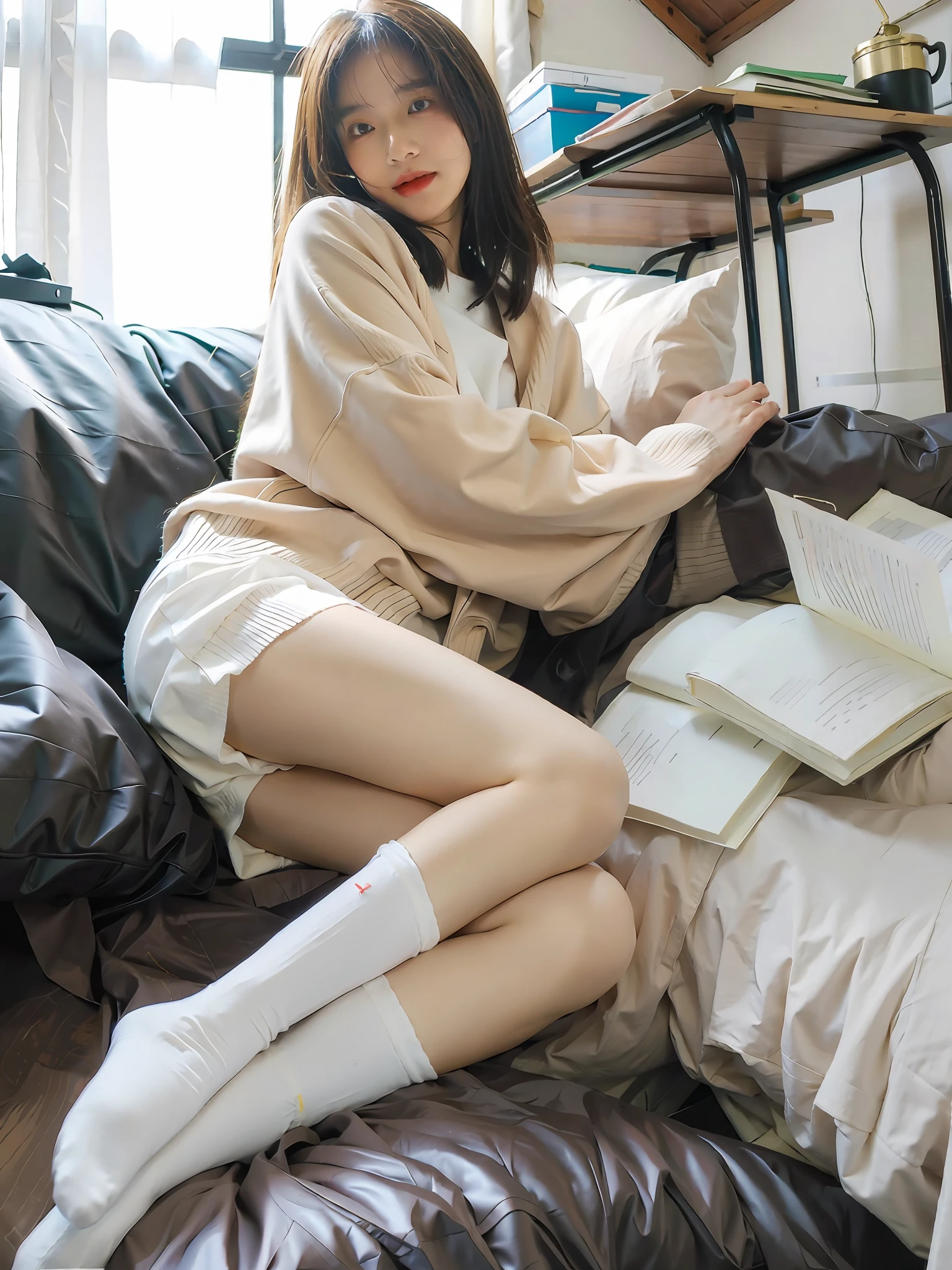 white stockings,best qualtiy,tmasterpiece,超高分辨率,(realisticlying:1.4),age girl,Juvenile,Thin and light, looking at viewert, eyes with brightness