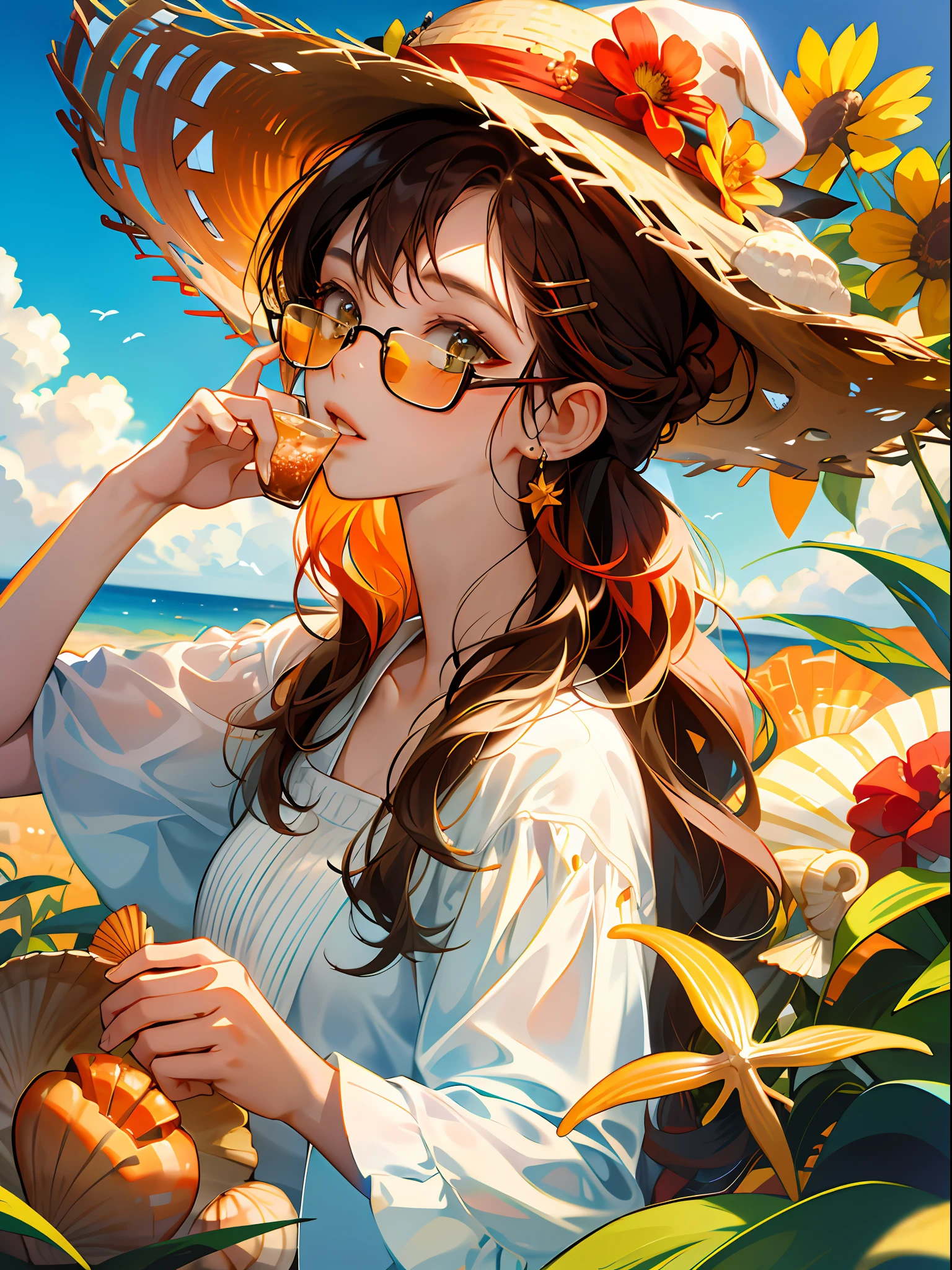 absurdres, highres, ultra detailed, 1girl, solo, extremely detailed eyes, starfish, seashell, shell, flower, hat, hair ornament, jewelry, straw hat, looking at viewer, sunglasses, hat flower, drinking straw, hairclip, earrings, red flower, tinted eyewear, yellow flower, bangs, english text, multicolored hair, orange flower, black hair, ring, cup, long hair, orange-tinted eyewear, food, brown hair, portrait, shell hair ornament