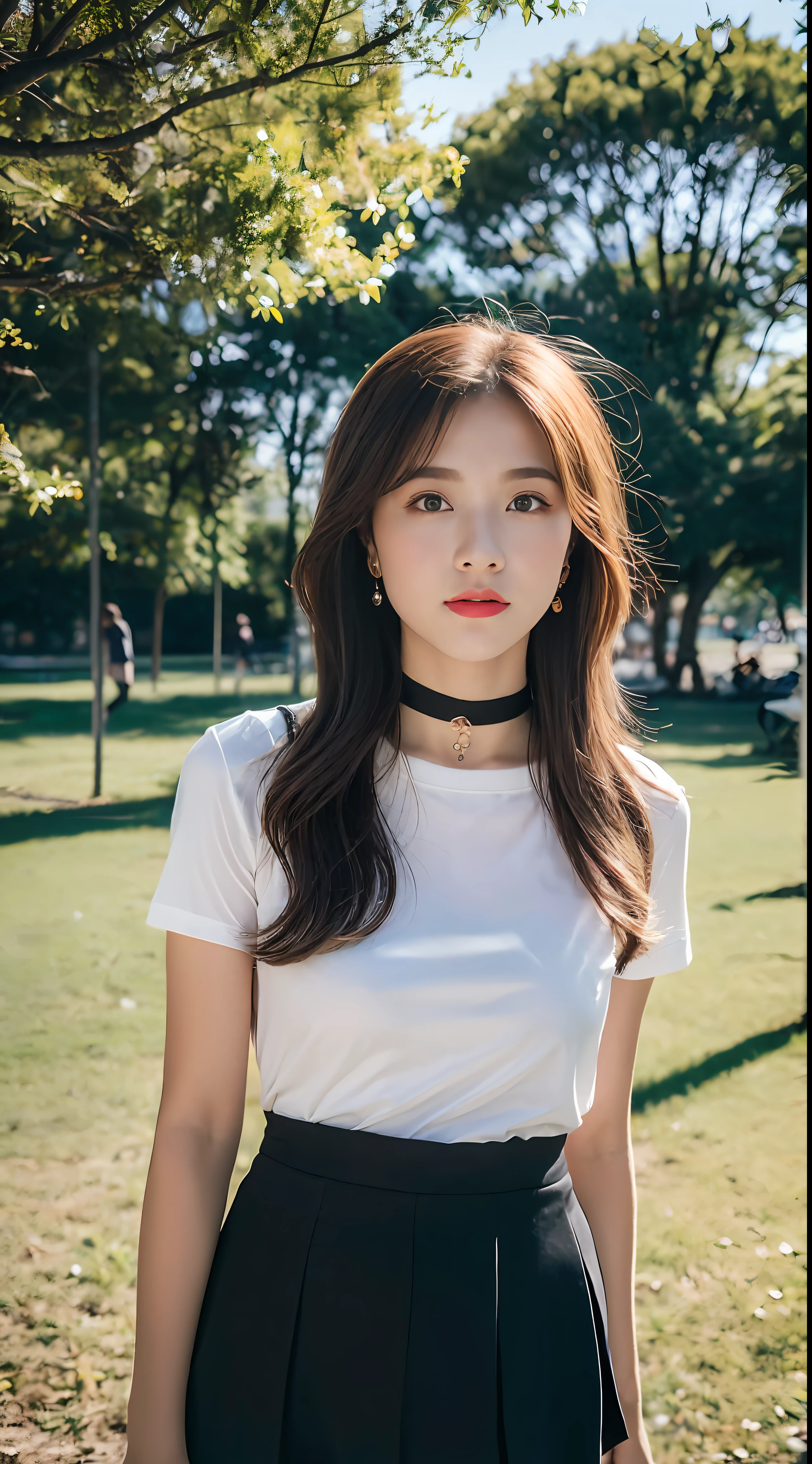 18-year-old female, , RAW photo, bokeh, (realism: 1.4, realistic), high-definition CG unified 8K wallpaper, 1girl, ((slim body: 1)), (medium breasts: 2), return to the viewer, ((direct view from the front)), (HQ skin: 1.4), 8k UHD, DSLR, soft light, high quality, film grain, fujifilm XT3, ((uniform, micro mini skirt, Metal Choker, See-Through Shirt: 1.5)), ((Outdoor, in the Park))), ((Long Hair, Black Pantyhose, Medium: 1.2)), (Full Body Portrait: 1.2), (Viewers: 1.4), (Red High Heels: 1·2), (Full Body: 2)