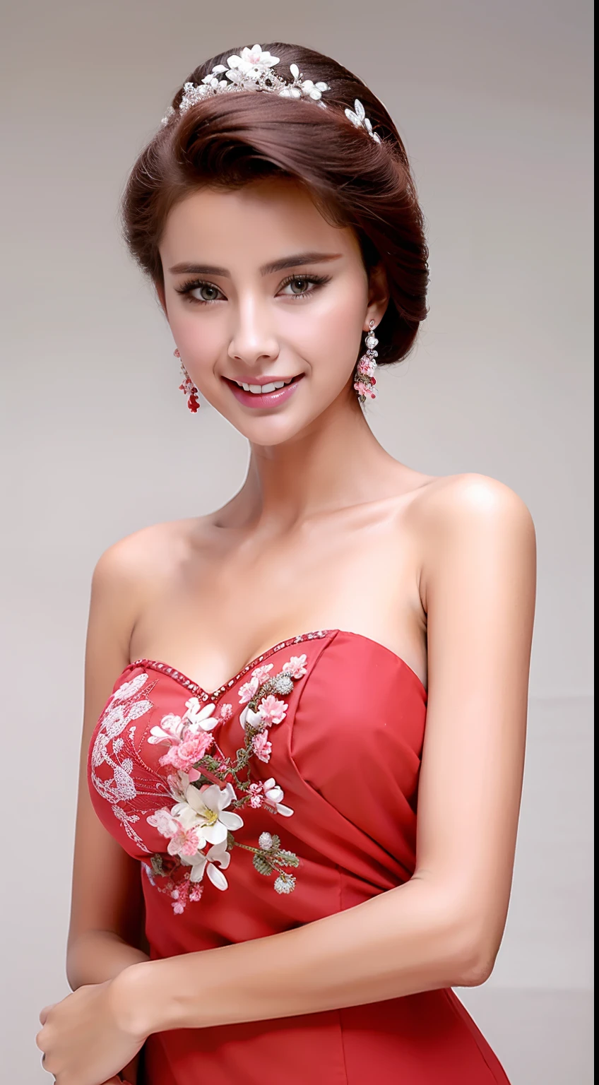 Fashion model 18 years old [[[[closeup cleavage]]]], [[[[boobgasm]]]], [[[[coll]]]], [[[[bshoulders]]]], perfect  eyes, Perfect iris，perfect lips，perfect teeth，Perfect skin，Long face，Soft front light，HDR，red attire，white apparel，Outfit in black，green outfit，White or pink flowers on the background，（pastel colour：1.2）