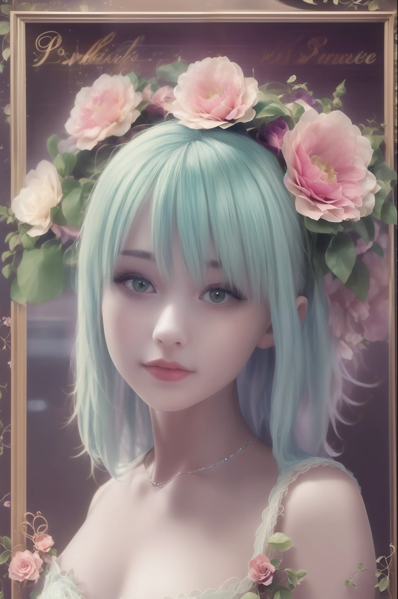 Photographic poster of beautiful women, Sony α7, 35mm Lens, f1.8、((Konmutsuki_gacha_series1, punk_rosette))), cute girl, aqua color flowers, (full body), elegant flowers background, realistic photo, beautiful woman, Beautiful girl, beautiful background, charming girls, realistic 3d style, photo realistic render