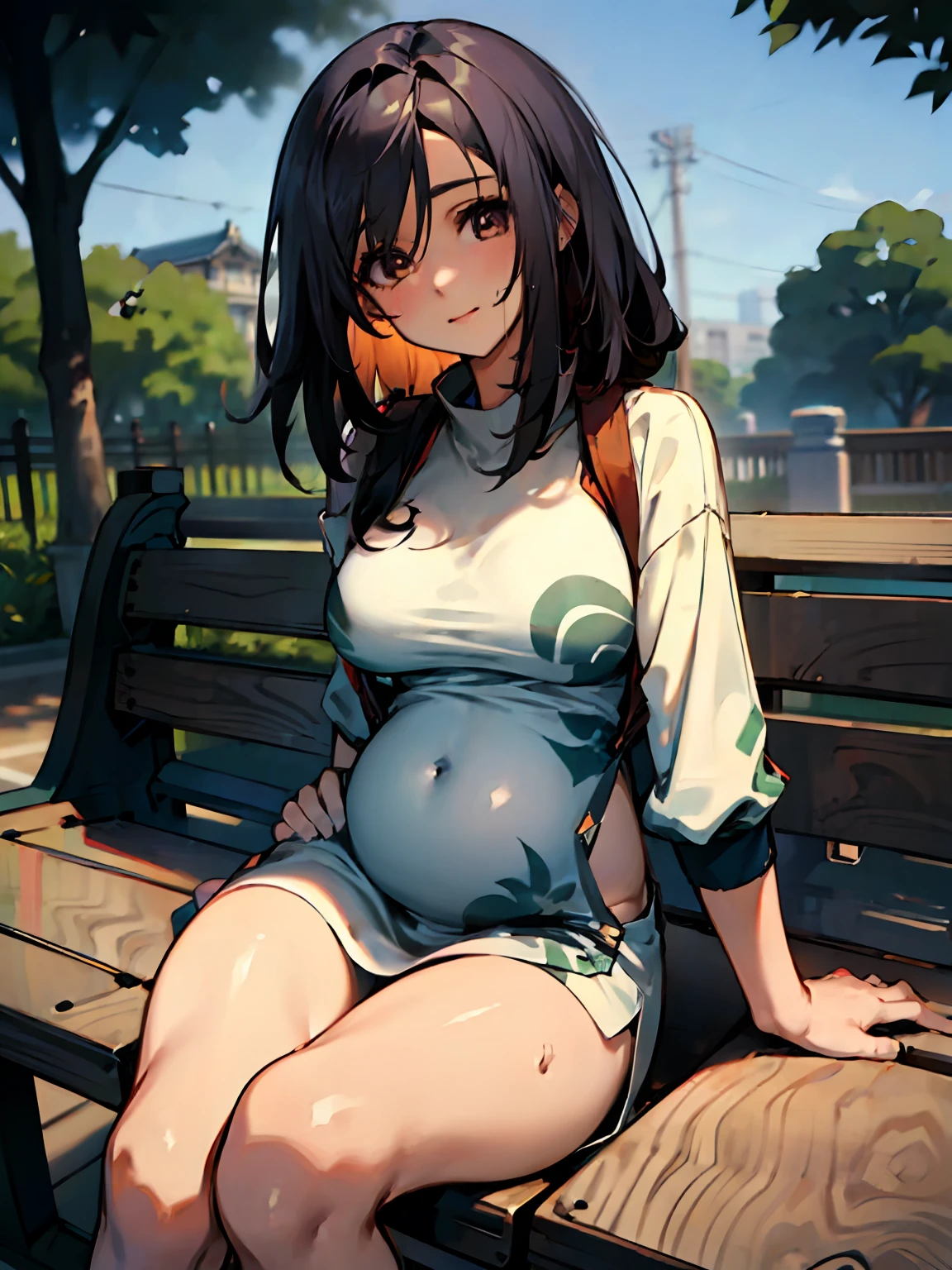 Pixiv style, A high resolution, Hyper-realistic, Anime style, 4K, A woman who is. Japanese high school student sitting on a park bench. High school sportswear. sweatshirts. Shoot sideways from diagonally. The woman looked up at me，Smile with your mouth closed. The woman's face is written accurately. medium hair length. Slightly larger breasts. Model type woman. Extremely precisely drawn female eyes. Beautiful female face. Two legs. Two arms. Five fingers to write，extremely precise, Peaceful Japanese park，rich greenery.Pregnant belly，Pregnant women with，a navel