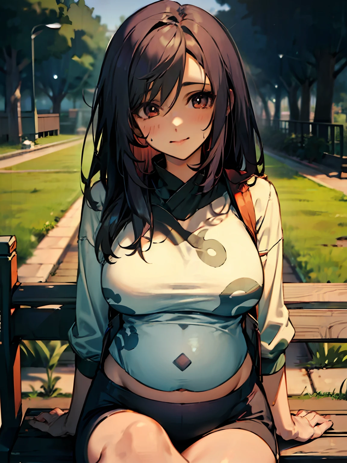 Pixiv style, A high resolution, Hyper-realistic, Anime style, 4K, A woman who is. Japanese high school student sitting on a park bench. High school sportswear. sweatshirts. Shoot sideways from diagonally. The woman looked up at me，Smile with your mouth closed. The woman's face is written accurately. medium hair length. Slightly larger breasts. Model type woman. Extremely precisely drawn female eyes. Beautiful female face. Two legs. Two arms. Five fingers to write，extremely precise, Peaceful Japanese park，rich greenery.Pregnant belly，Pregnant women with，a navel