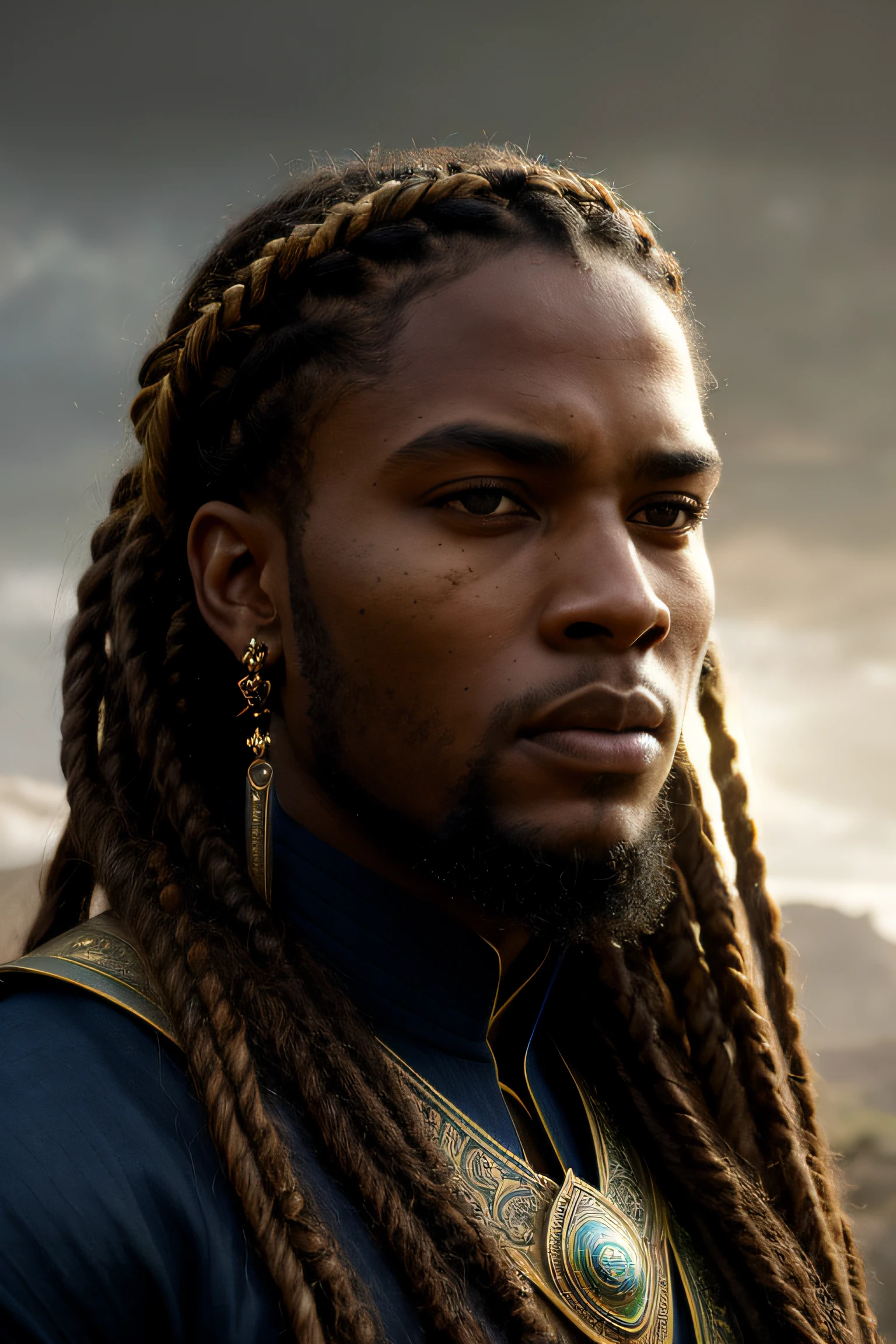 close up portrait of a 26 year-old confident blasian dark-skinned medieval fantasy nobleman, almond-shaped eyes, gorgeous hazel-colored eyes, very long hair, dutch braids and dreadlocks, chin strap beard, square jaw, intense and fierce look, steadfast expression, athletic, strong, imposing, rich traditional fantasy north african nobleman's clothes, in a fantasy north african palace, (backlighting), realistic, masterpiece, highest quality, lens flare, shade, bloom, [[chromatic aberration]], by Jeremy Lipking, by Antonio J. Manzanedo, digital painting