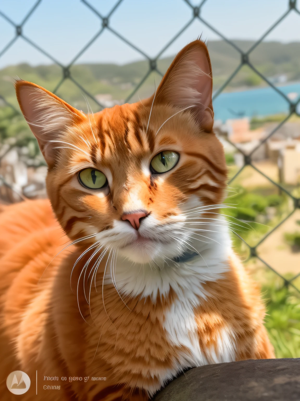 There's a cat that's sitting in front of a fence, foto do gato, foto de um gato, um gato laranja, gato de gengibre, olhando diretamente para o espectador, Tomado com Sony Alpha 9, gato laranja, looks into the camera, ginger cat in mid action, Looking towards the camera, bela imagem de vira-lata, Looking directly at the camera