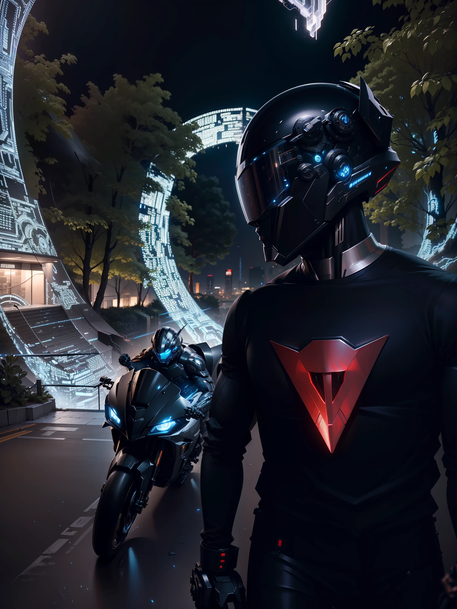 Cyber Man Warrior and Cyber Mechanical Motorcycle, Full Body Exquisite High-Tech Armor, Exquisite Black Tech Helmet, Nousr, Biomechanics, MSHN Robot Man, High-Tech Helmet, Surreal, Steel, Intricate Design, Crazy Details, Fine Details, Extremely Clear Lines, Cinematic Lighting, Photo Realistic, Detailed Masterpiece